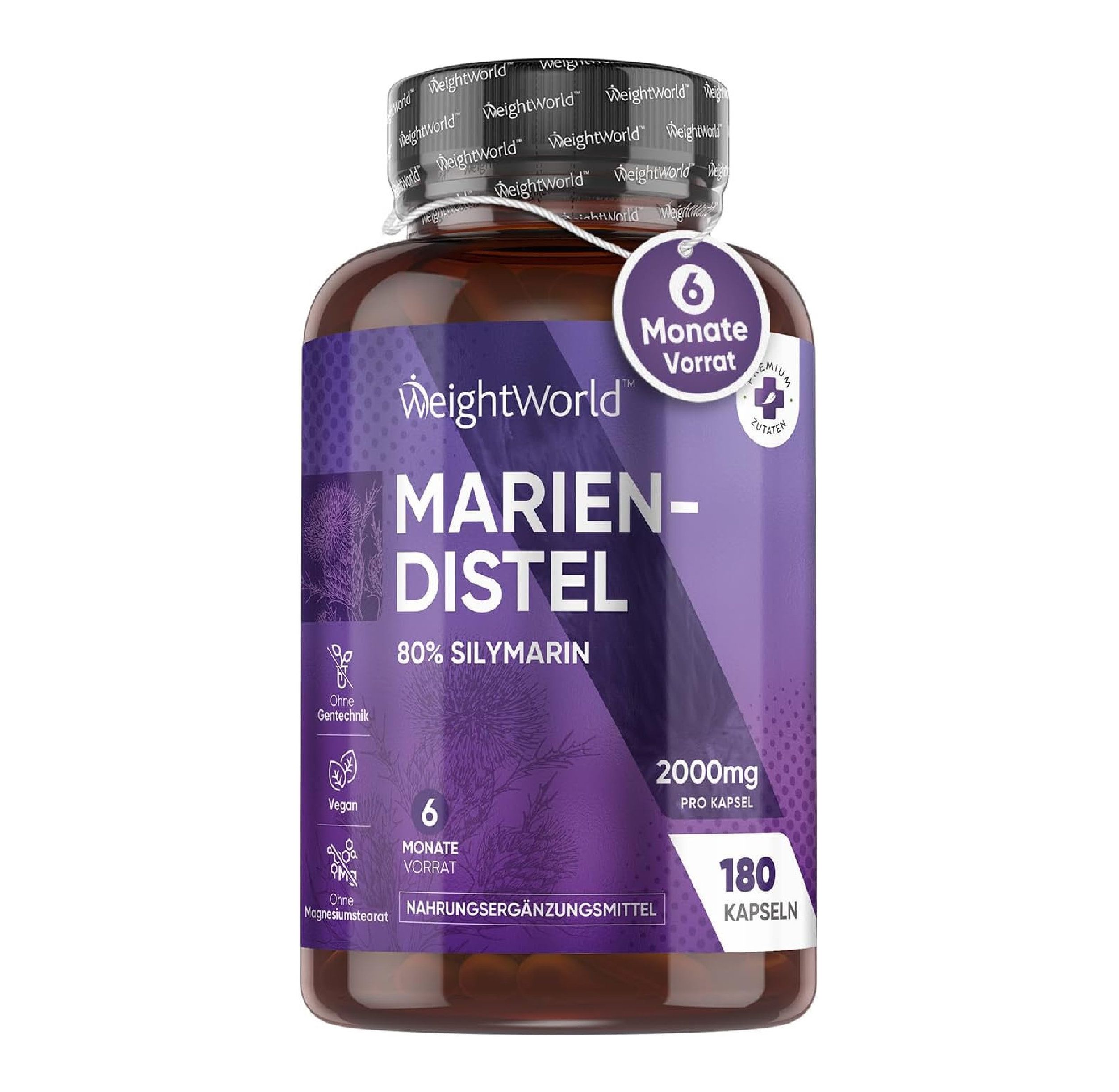 Bruine fles met mariadistelcapsules. Paars etiket met productnaam, 80% silymarine, 180 capsules, 2000mg per capsule. 6 maanden voorraad.