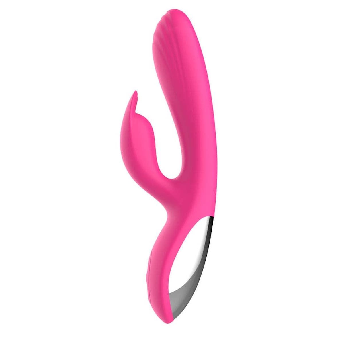 Roze vibrator met konijnenoren-ontwerp. Met gebogen vorm en zilverkleurig accent.