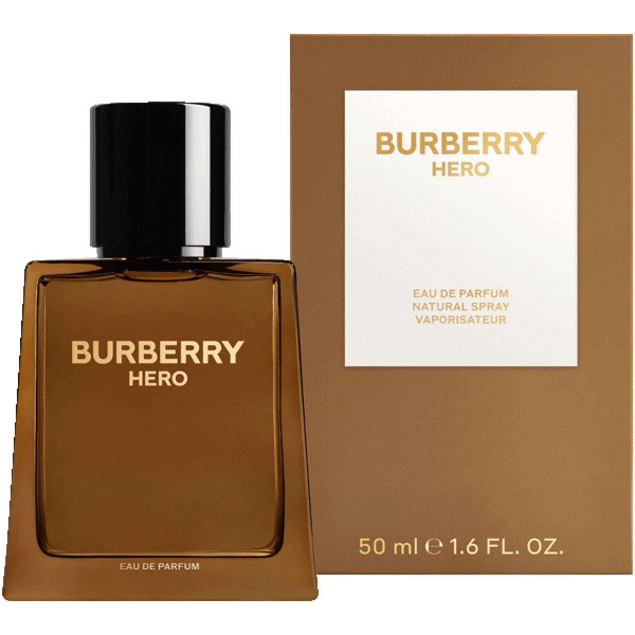 Flacon de parfum Burberry Hero et emballage. Bouteille marron avec bouchon noir, texte doré. Emballage avec logo.