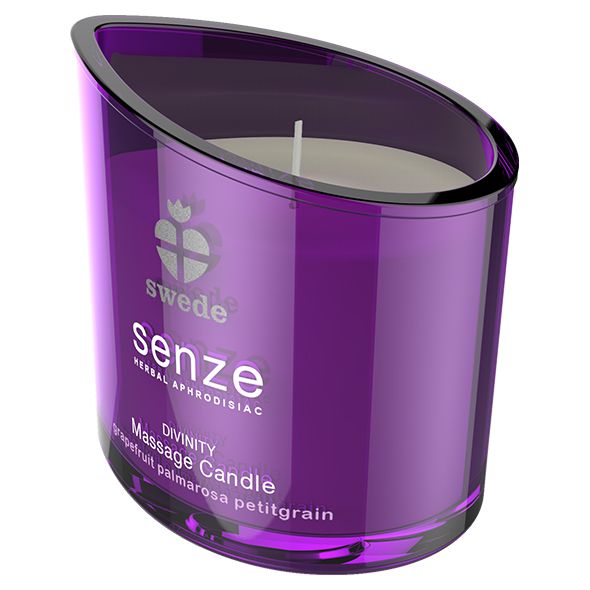 Paarse massagekaars in glazen houder met zwarte rand. Merk: Swede Senze. Geur: Grapefruit, Palmarosa, Petitgrain.