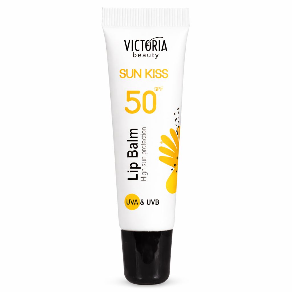 Baume à lèvres Victoria Beauty Sun Kiss LSF 50. Tube avec bouchon noir. Texte: SPF 50, UVA & UVB, Haute protection solaire.