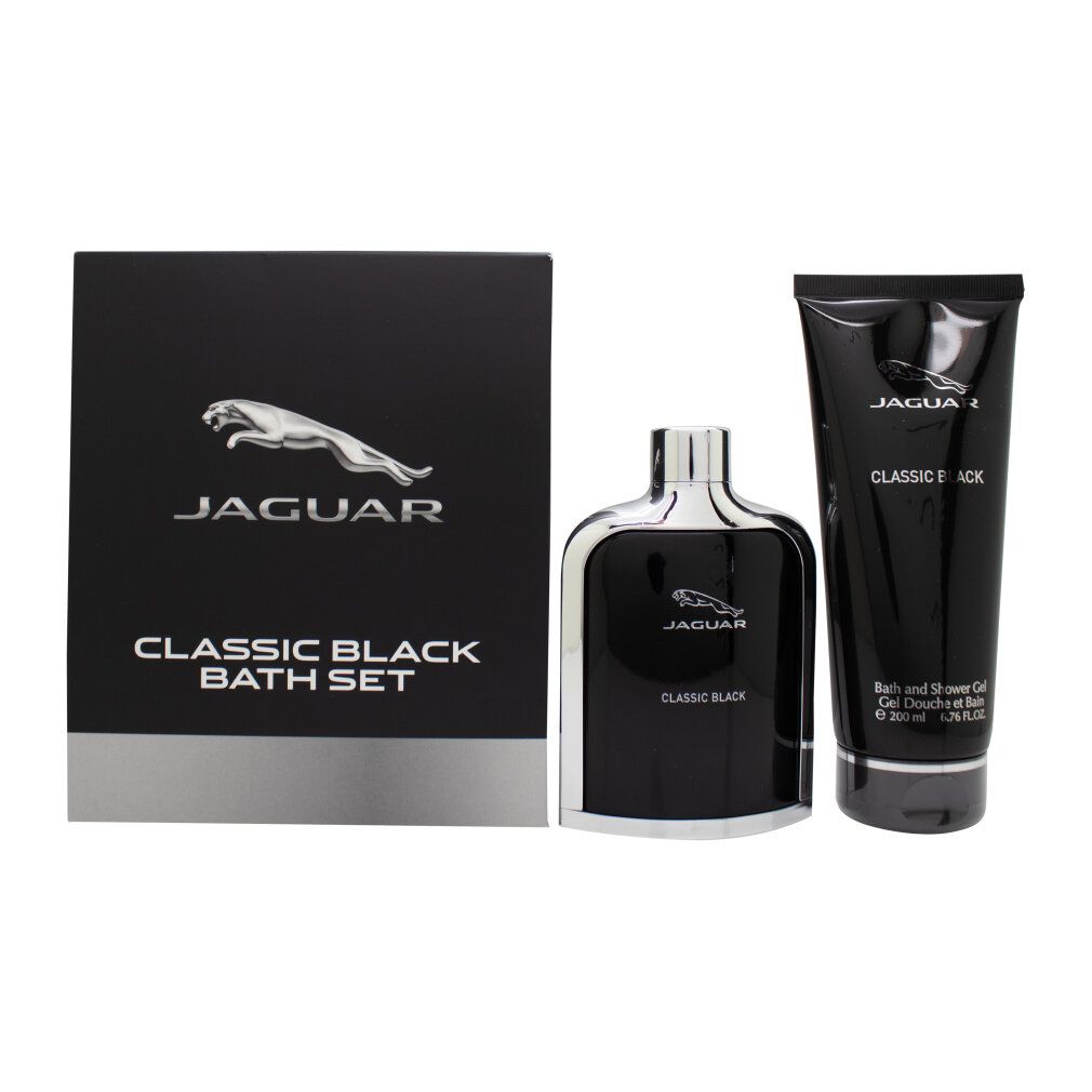 Zwarte Jaguar Classic Black Bath Set. Bevat fles, tube en doos. Zilveren logo en tekst.