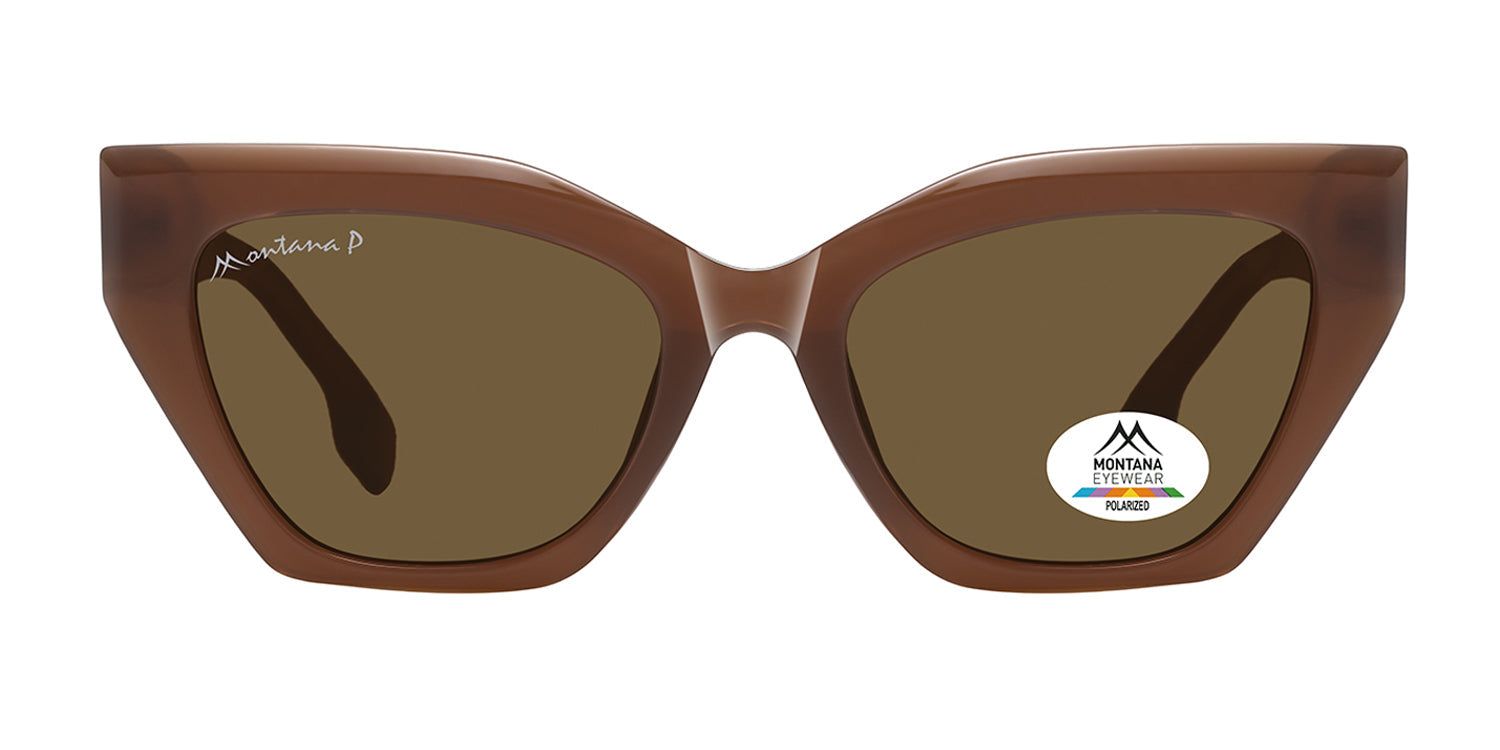 Lunettes de soleil marron avec monture large. Logo Montana Eyewear sur le verre. Verres polarisés.