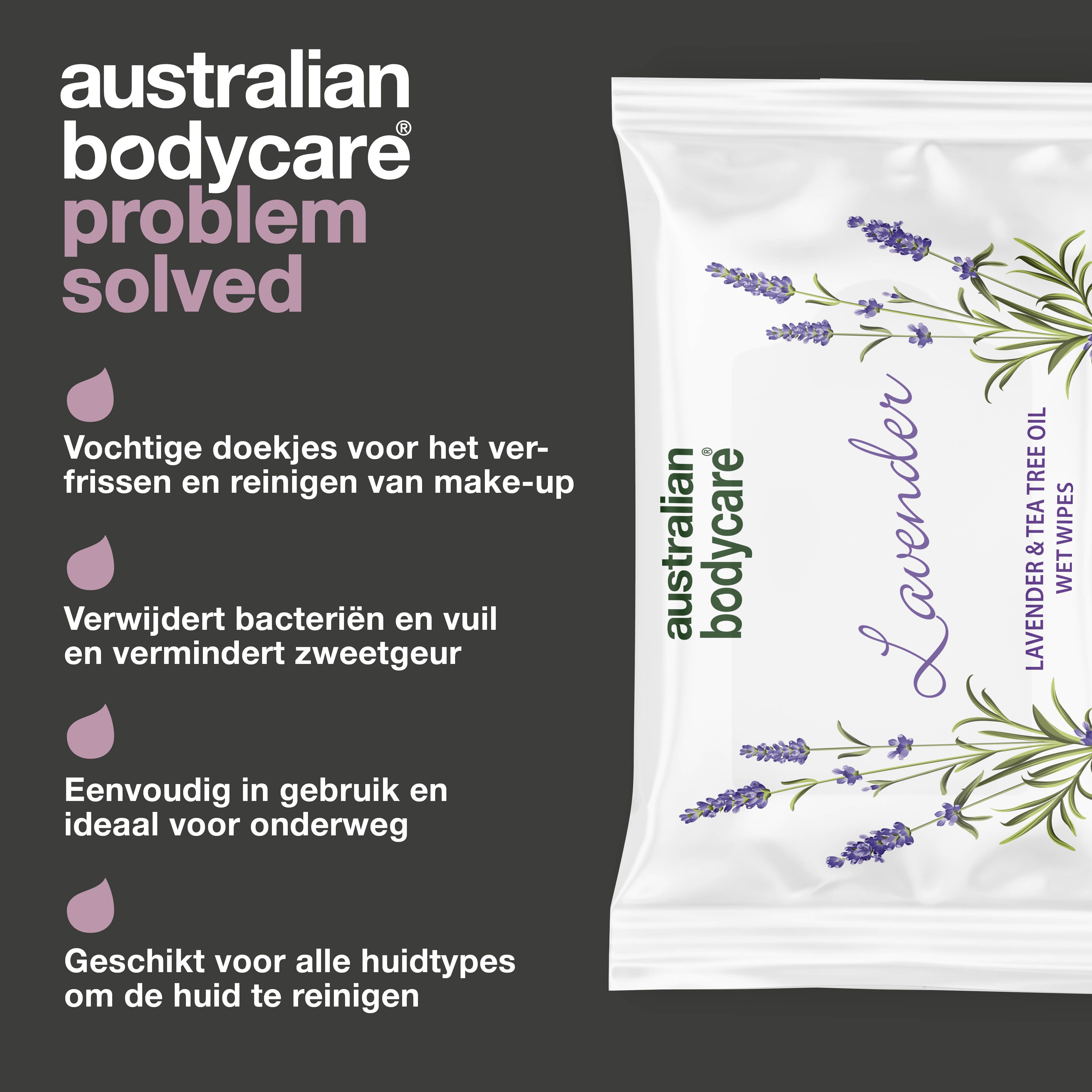 Verpakking met tekst en illustraties. Tekst: Australian Bodycare, Lavender, Wet Wipes.