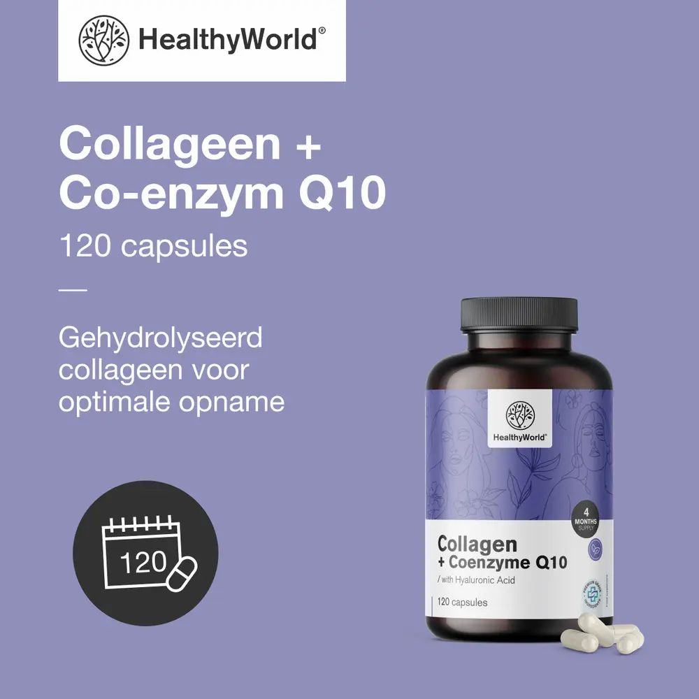 Fles met capsules. Opschrift: Collageen + Co-enzym Q10. 120 capsules. HealthyWorld logo. Tekst: 120 capsules.