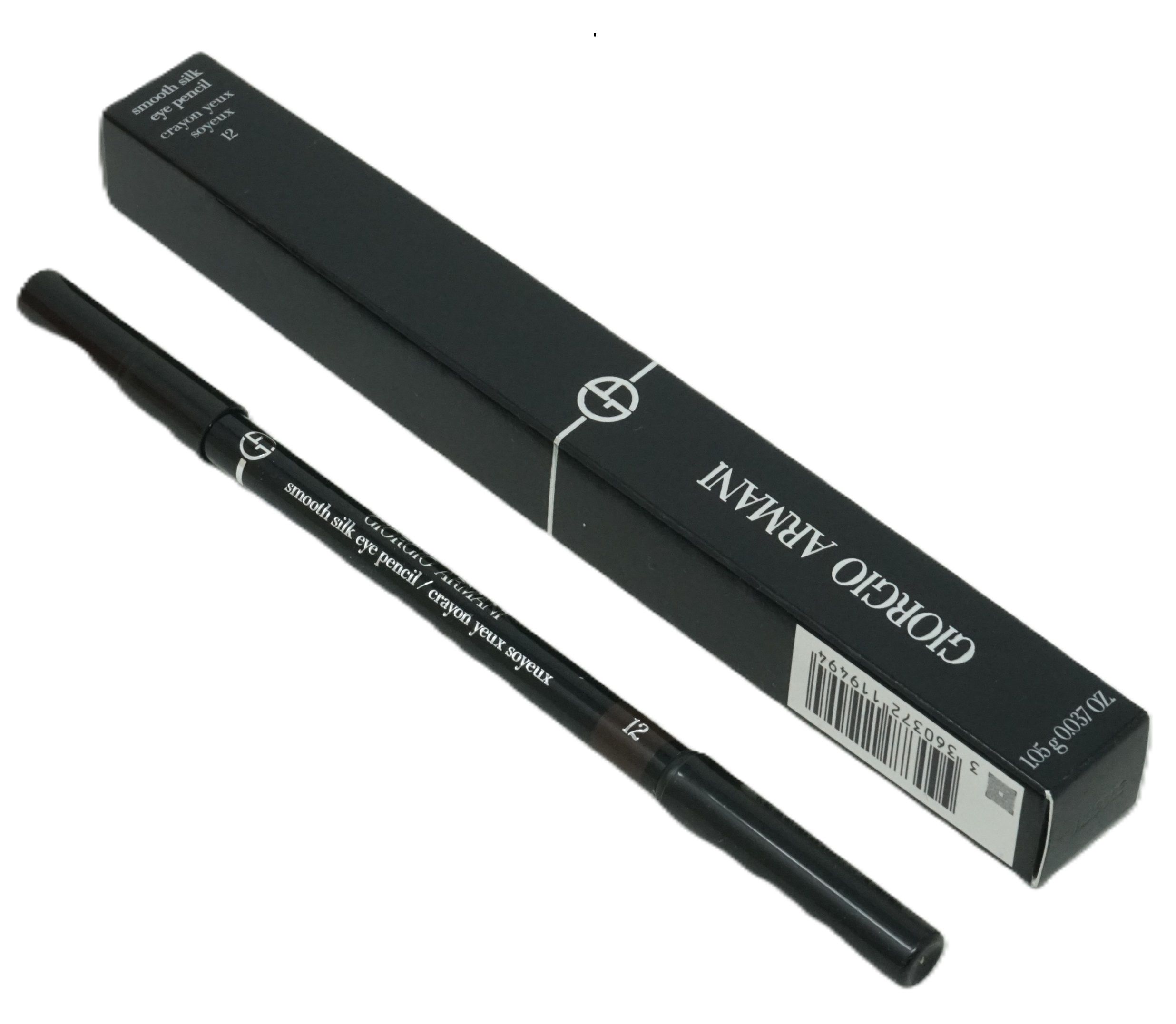 Zwarte Giorgio Armani Smooth Silk Eye Pencil 12 en verpakking. Opschrift: Giorgio Armani, smooth silk eye pencil, 12.