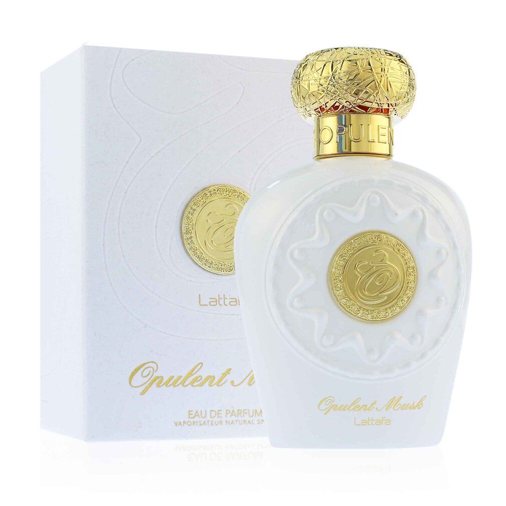 Flacon de parfum et emballage. Flacon blanc avec bouchon doré. Emballage blanc avec logo. Inscription: Opulent Musk, Lattafa.