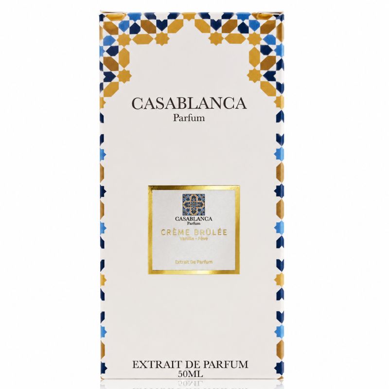 Boîte d'emballage pour parfum. Blanc avec motif bleu et or. "CASABLANCA PARFUM CRÈME BRÛLÉE EXTRAIT DE PARFUM 50ML".