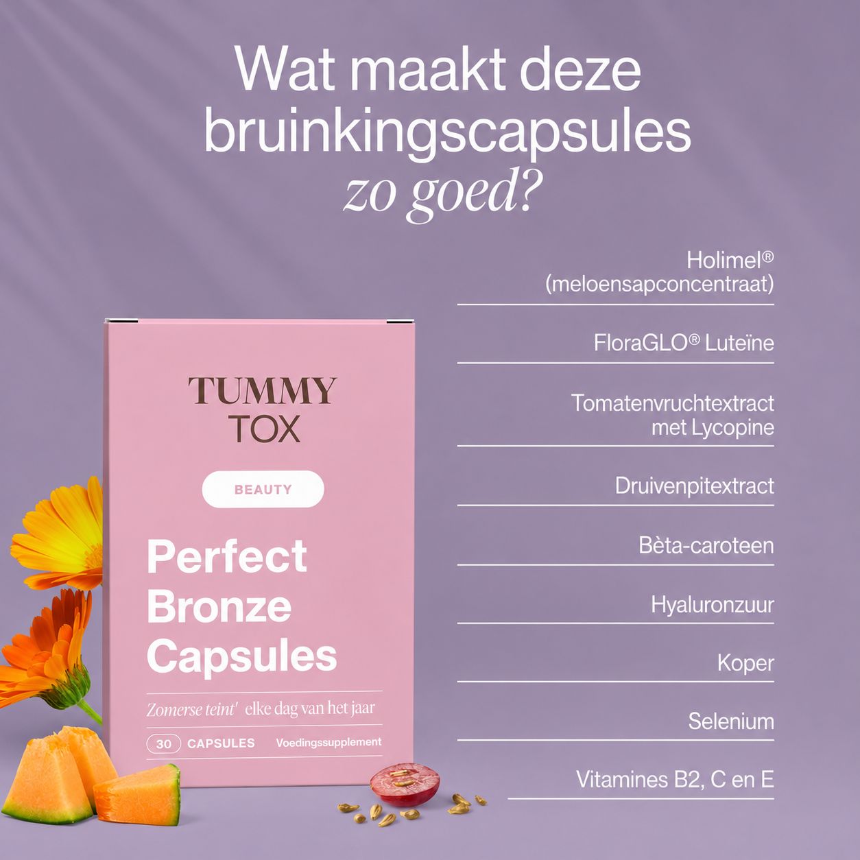 Verpakking van Tummy Tox Perfect Bronze Caps met keurmerken glutenvrij, vegan, farmaceutische kwaliteit.