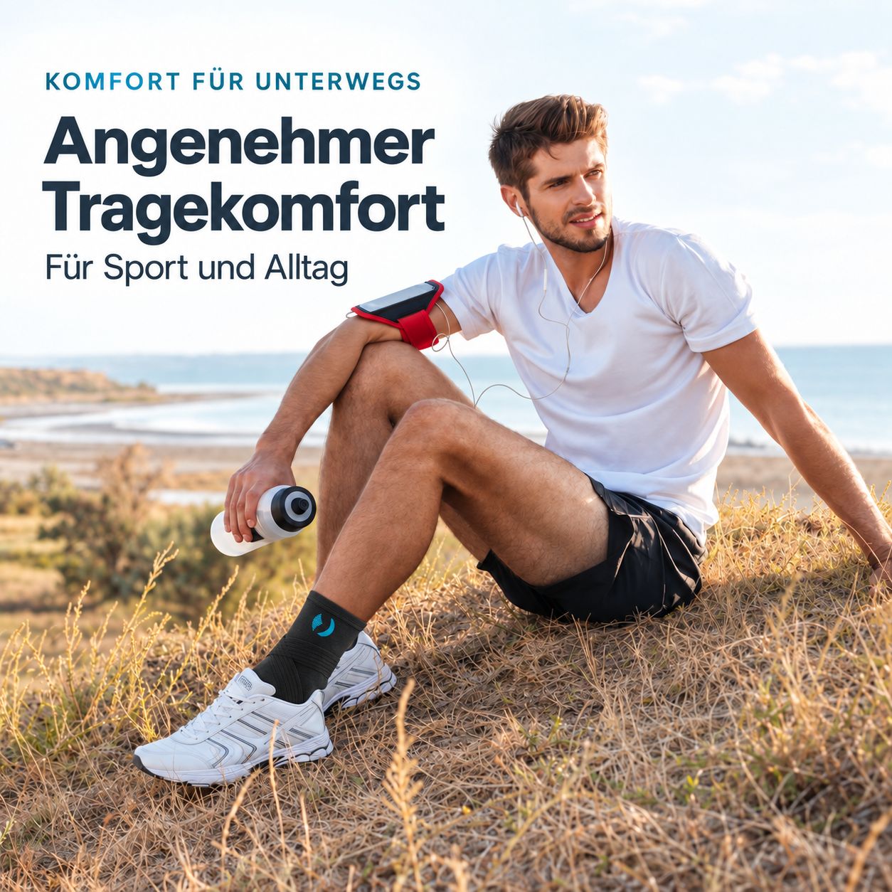 Homme assis à l'extérieur portant des chaussettes de compression, un brassard de sport et une bouteille d'eau.