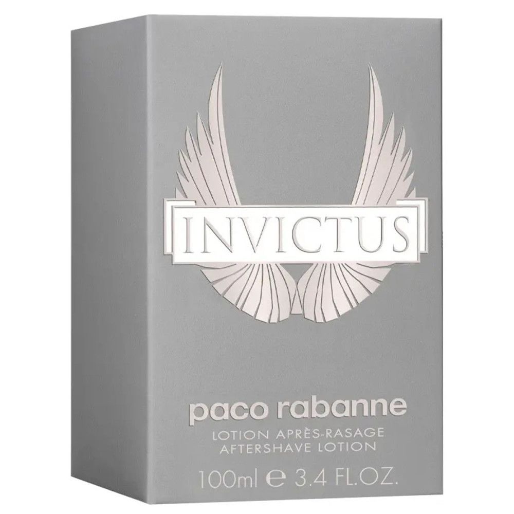Boîte grise rectangulaire avec logo "Invictus" et texte "paco rabanne". Texte "Aftershave Lotion" visible.