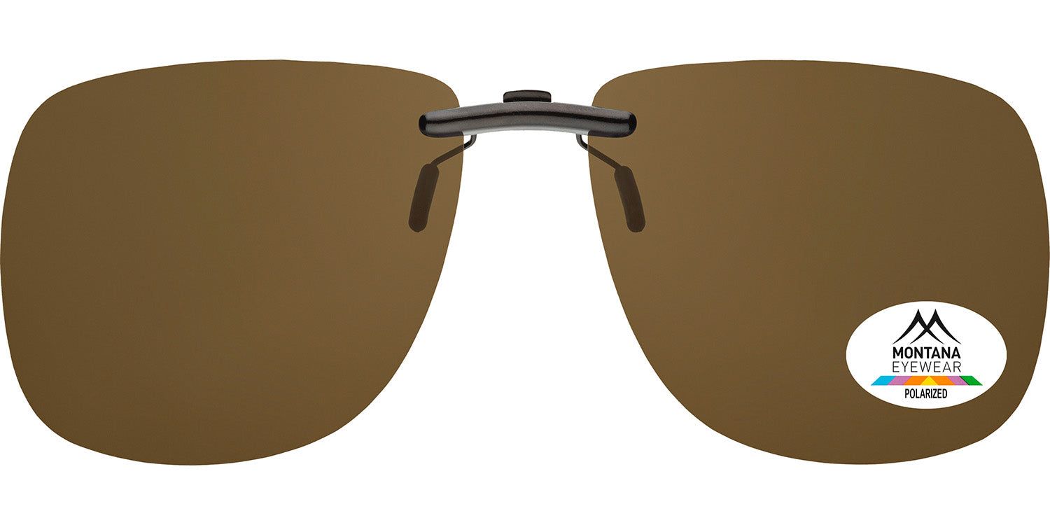 Clip-on solaire avec verres bruns. Monture noire. Logo et autocollant "Polarized". Montana Eyewear.