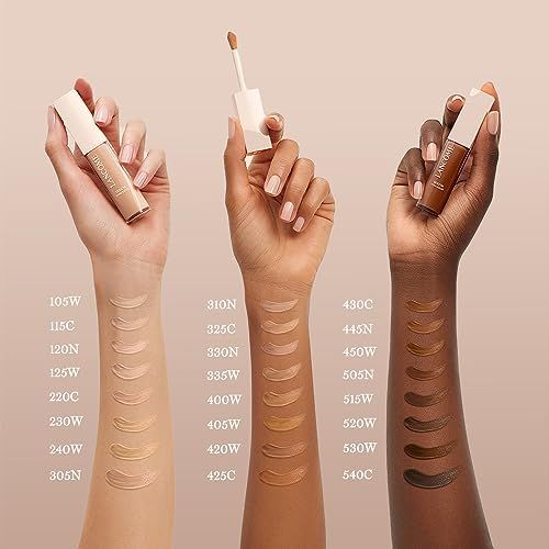 Lancôme Serum Concealer : teintes 105W à 540C appliquées sur trois types de peau.