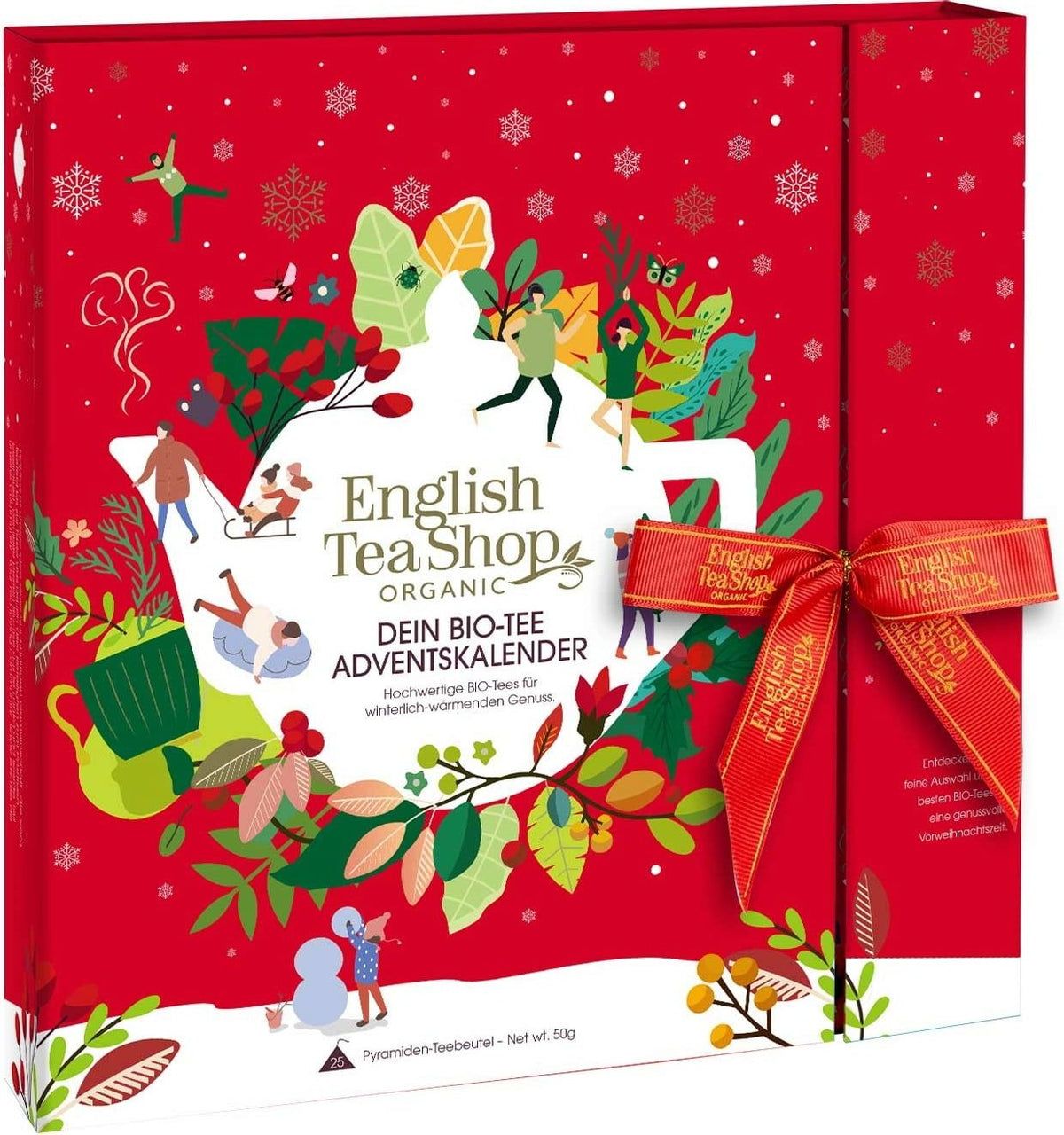Calendrier de l'Avent rouge avec ruban. Impression : English Tea Shop, thé bio, motif hivernal. Contient 25 sachets.