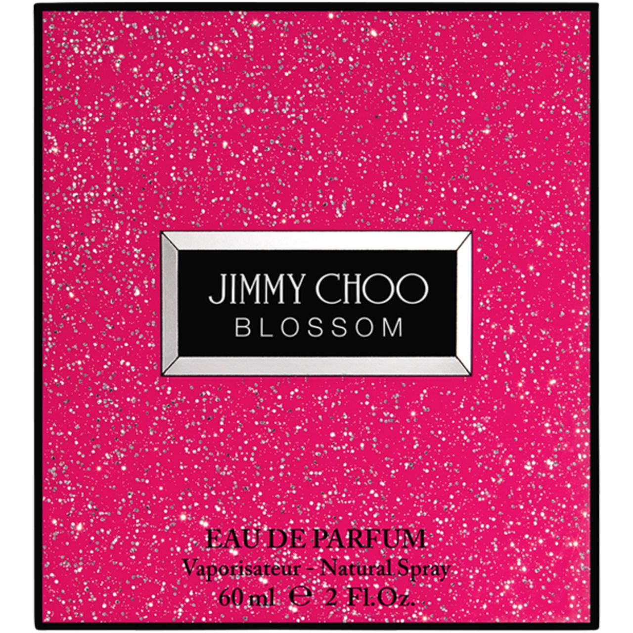 Emballage de Jimmy Choo Blossom. Fond rose avec paillettes argentées. Rectangle noir avec logo et texte.