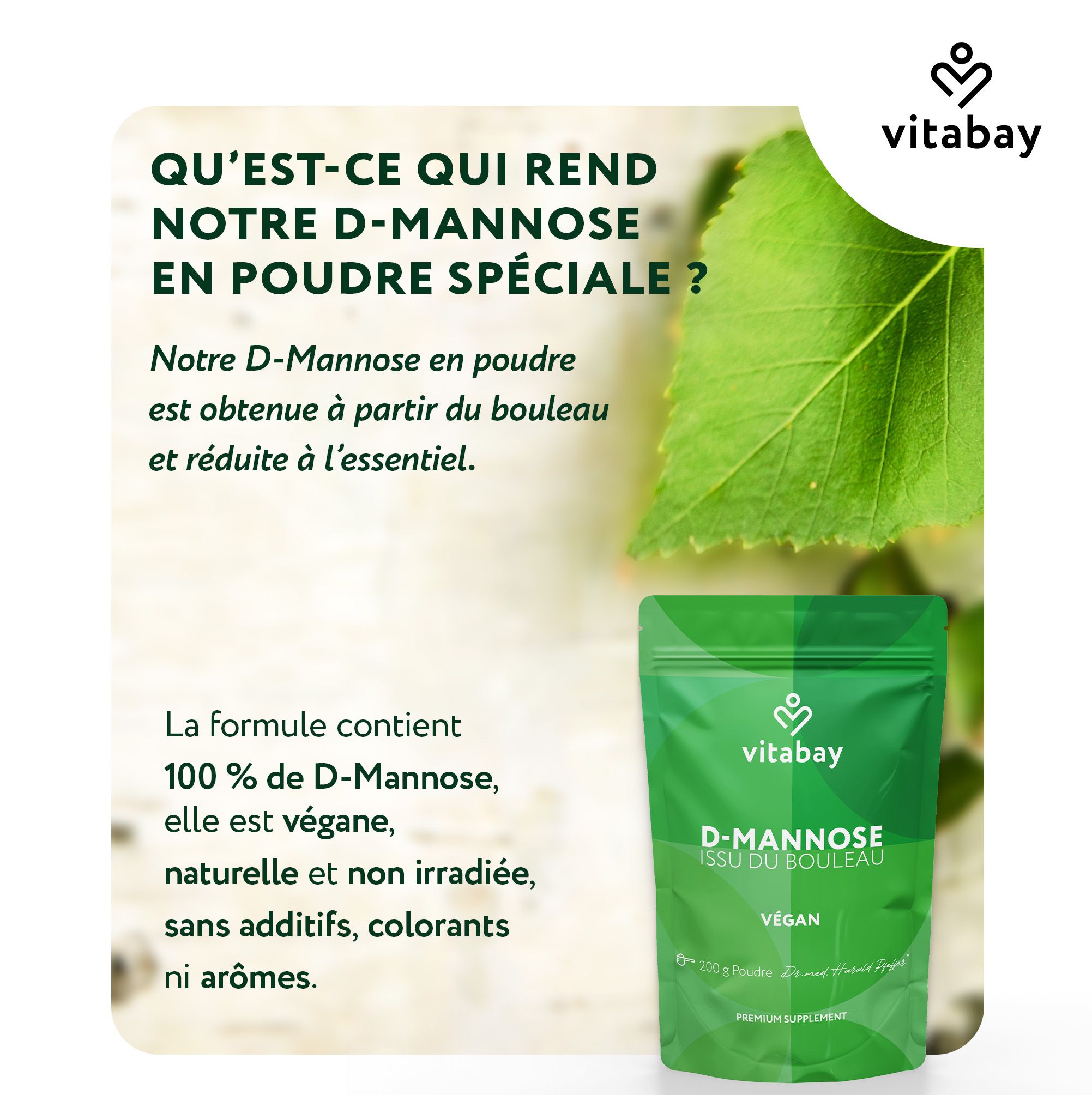 Avant et arrière du sachet Vitabay D-Mannose de bouleau, 200g.