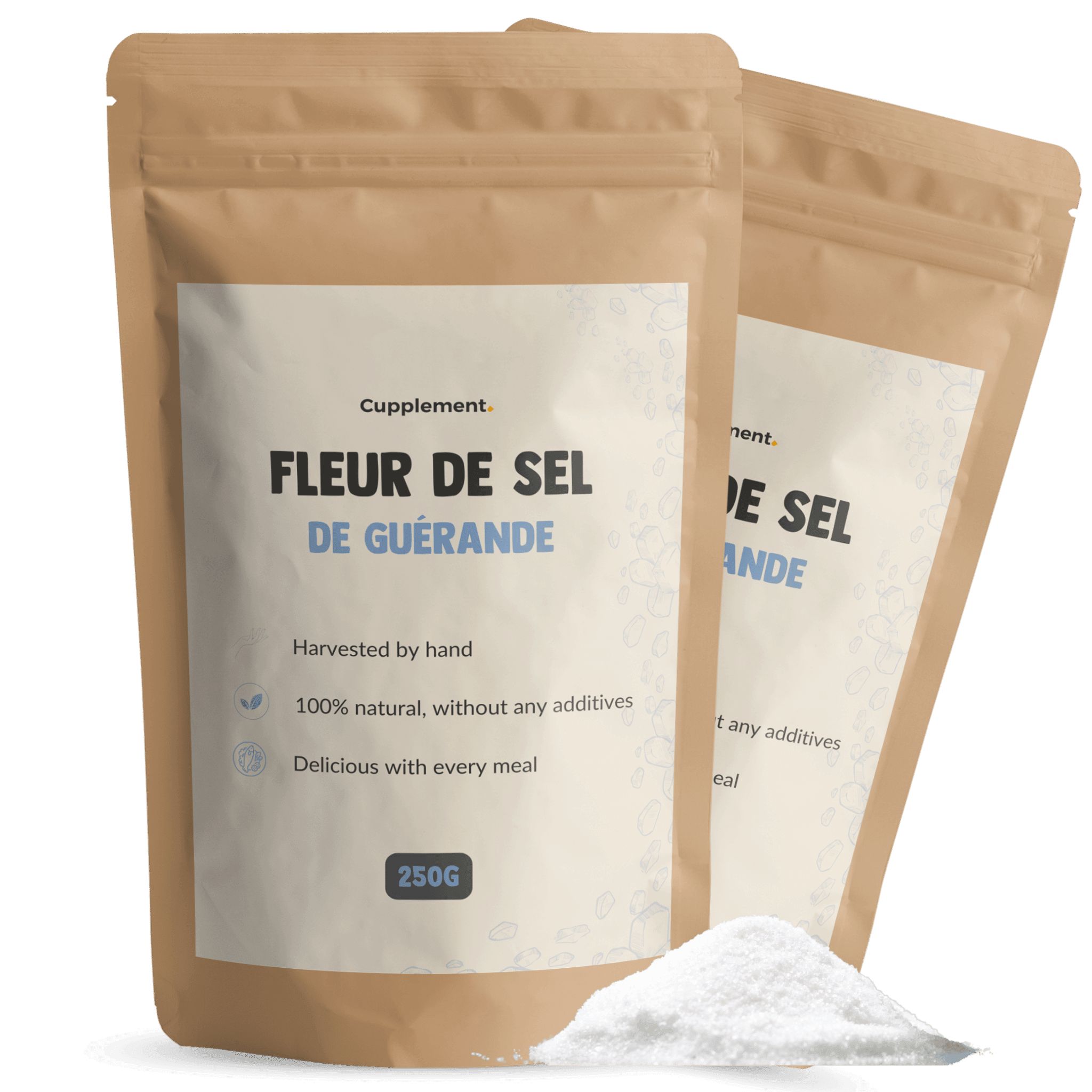 Twee zakjes Cupplement® Fleur de Sel de Guérande. Bruine verpakking met wit etiket. 250g.