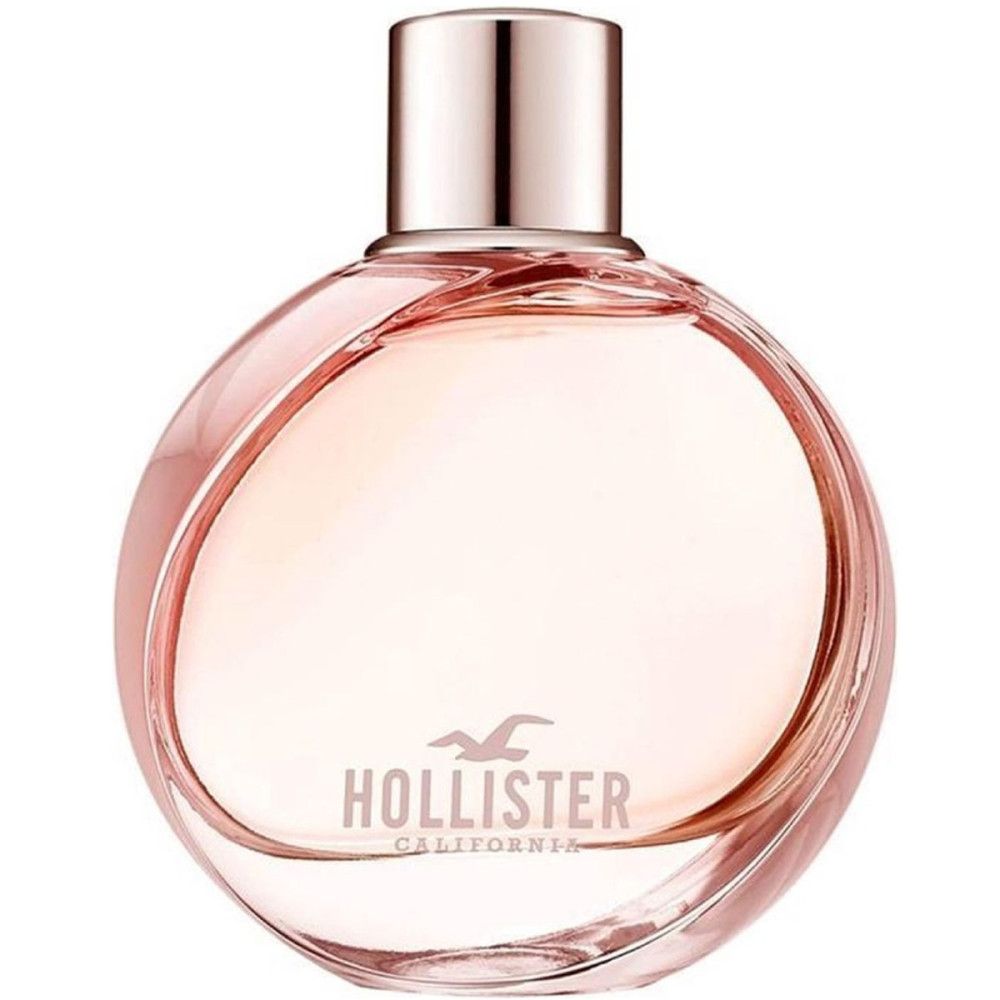 Ronde roze flacon met zilveren dop. Opschrift: Hollister California. Wave-logo.