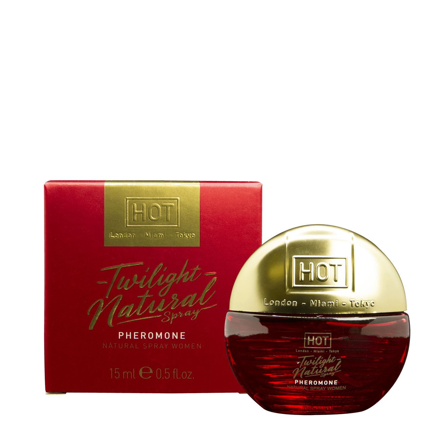 Rode doos en ronde rode fles met gouden dop. Opschrift "Twilight Natural Spray Pheromone".