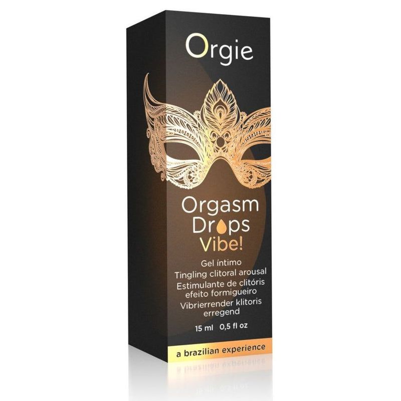 Emballage noir avec masque doré et texte 'Orgie Orgasm Drops Vibe!'. Texte: 'Gel intimo' et 'a brazilian experience'.