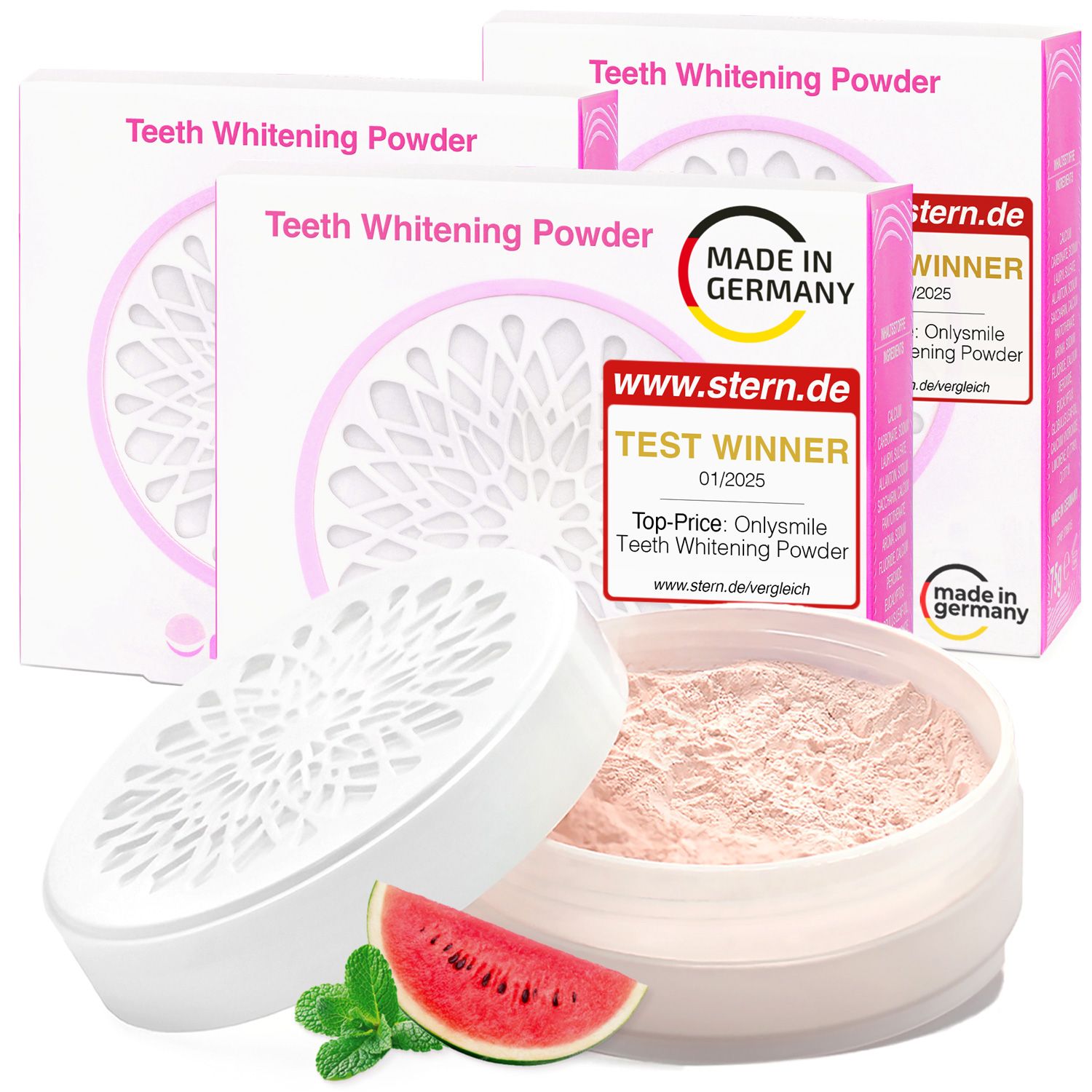 Poudre blanchissante pour les dents en pot et emballage. Poudre rose, couvercle à motifs. Fabriqué en Allemagne.