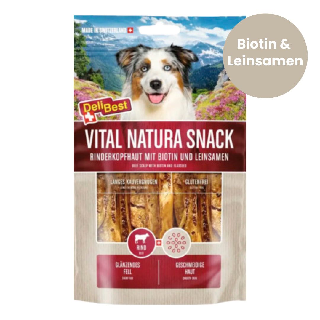 DeliBest Vital Natura Snack runderhoofdhuid met biotine en lijnzaad, glutenvrij.