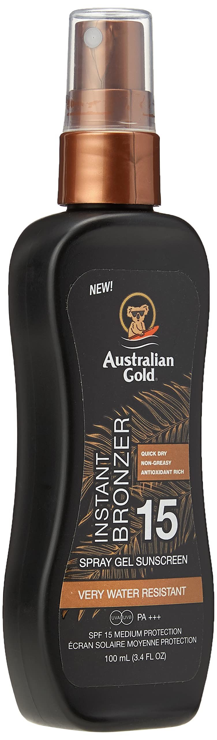 Flacon noir de spray solaire. Inscriptions: Australian Gold, Instant Bronzer, SPF 15, très résistant à l'eau. Avec pulvérisateur.