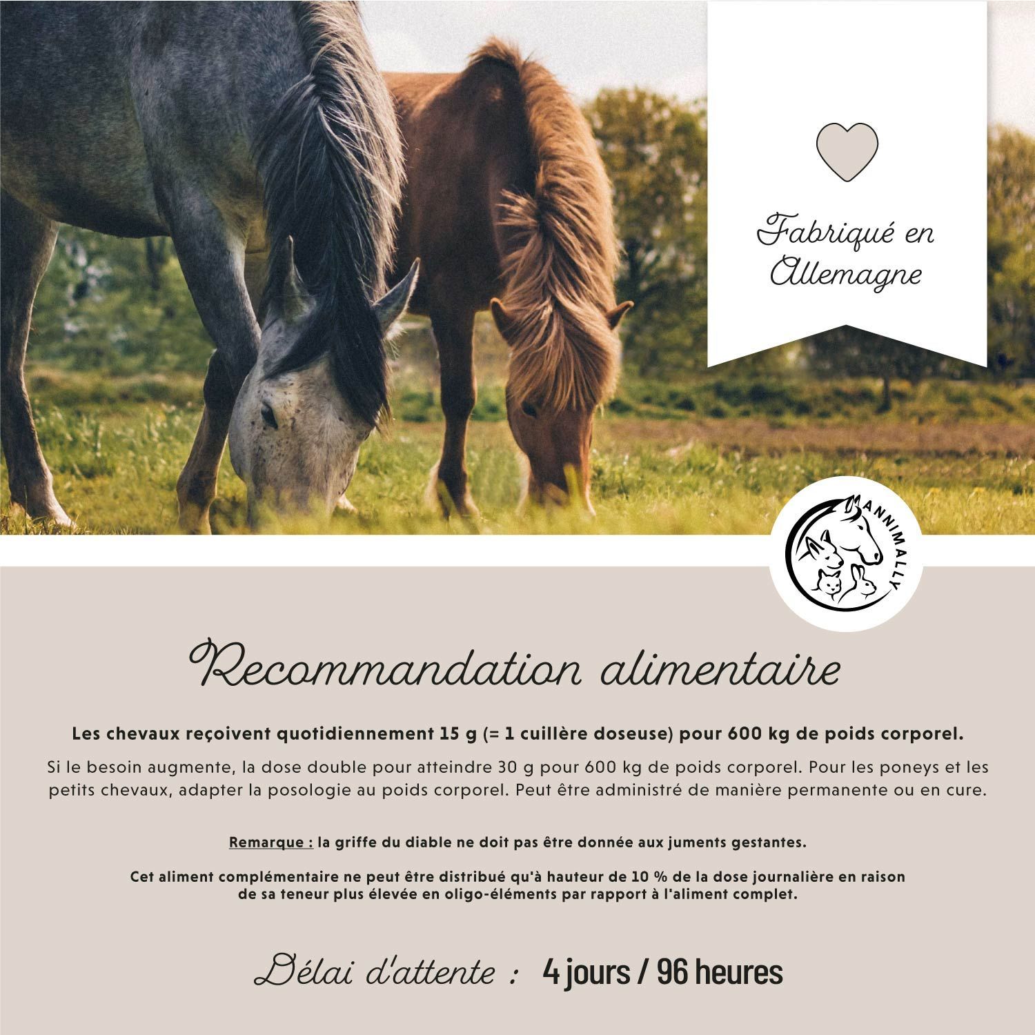 Deux chevaux broutent. Texte : Fabriqué en Allemagne. Recommandation alimentaire. Logo : Annimally. Délai d'attente : 4 jours / 96 heures.