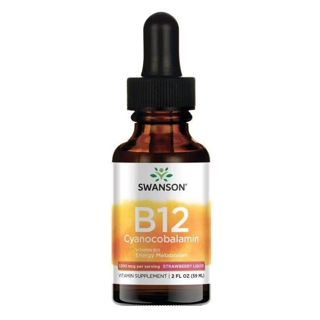 Flacon en verre brun avec compte-gouttes, étiquette indiquant SWANSON B12 Cyanocobalamine 1000 mcg Fraise Liquide.