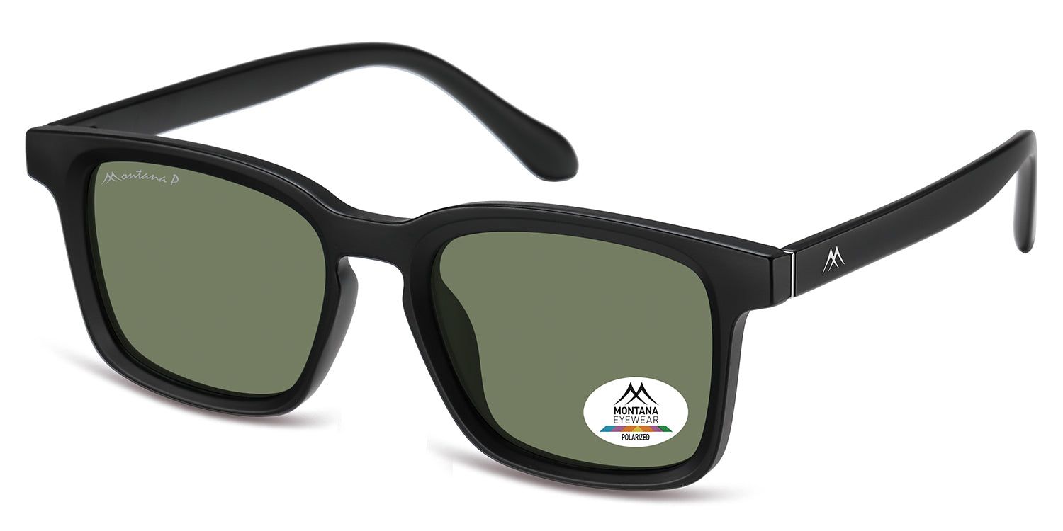 Lunettes de soleil noires à verres verts. Logo Montana Eyewear sur la branche et le verre. Polarisées.