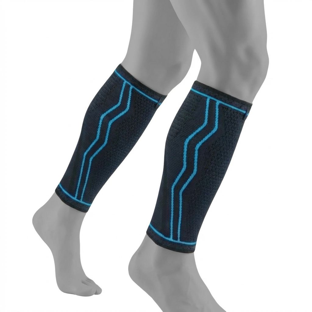 Twee kuitbanden, zwart met blauwe accenten. Anatomische vorm. Voor benen.