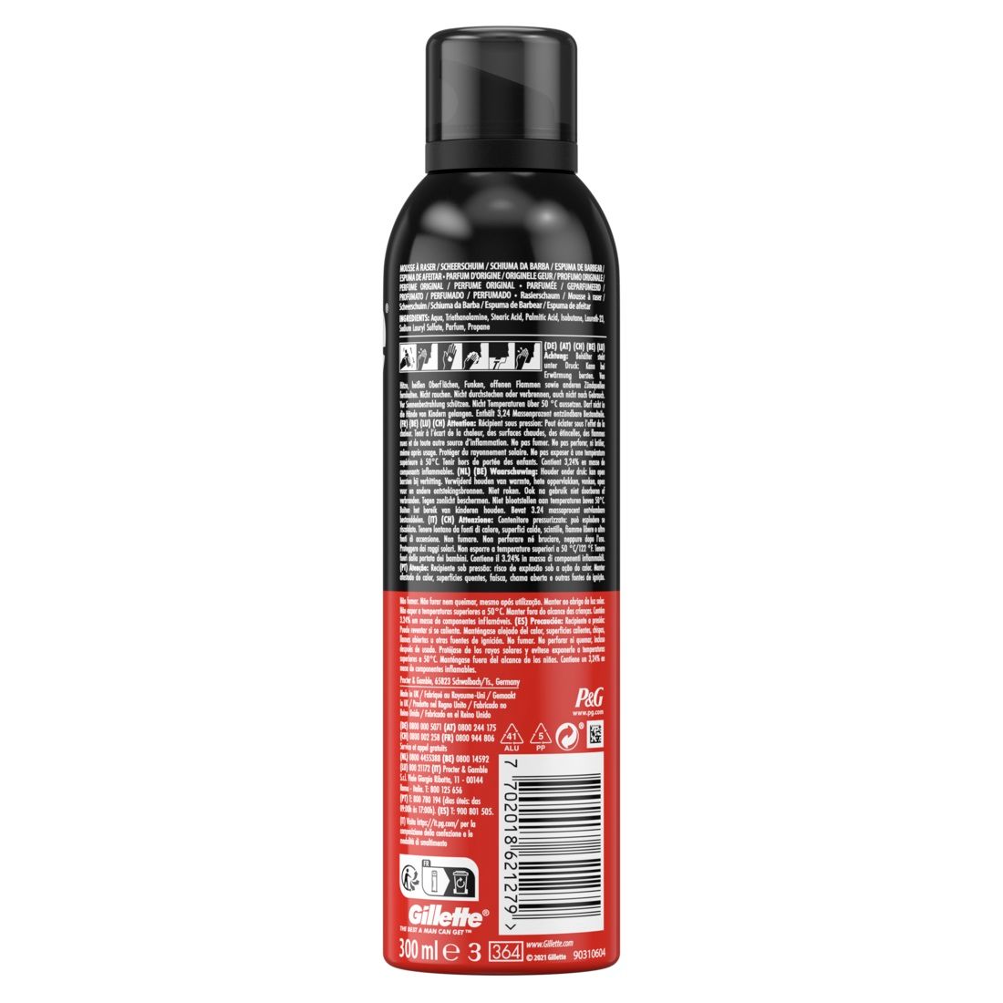 Dos du flacon noir. Texte multilingue. Bande rouge en bas. Logo "Gillette" et code-barres.