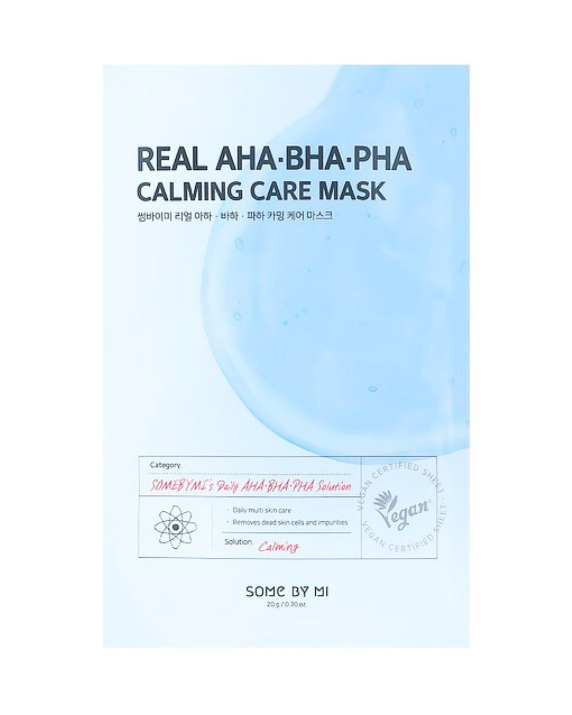 Verpakking van het SOMEBYMI Real AHA-BHA-PHA kalmerende masker met certificeringen.