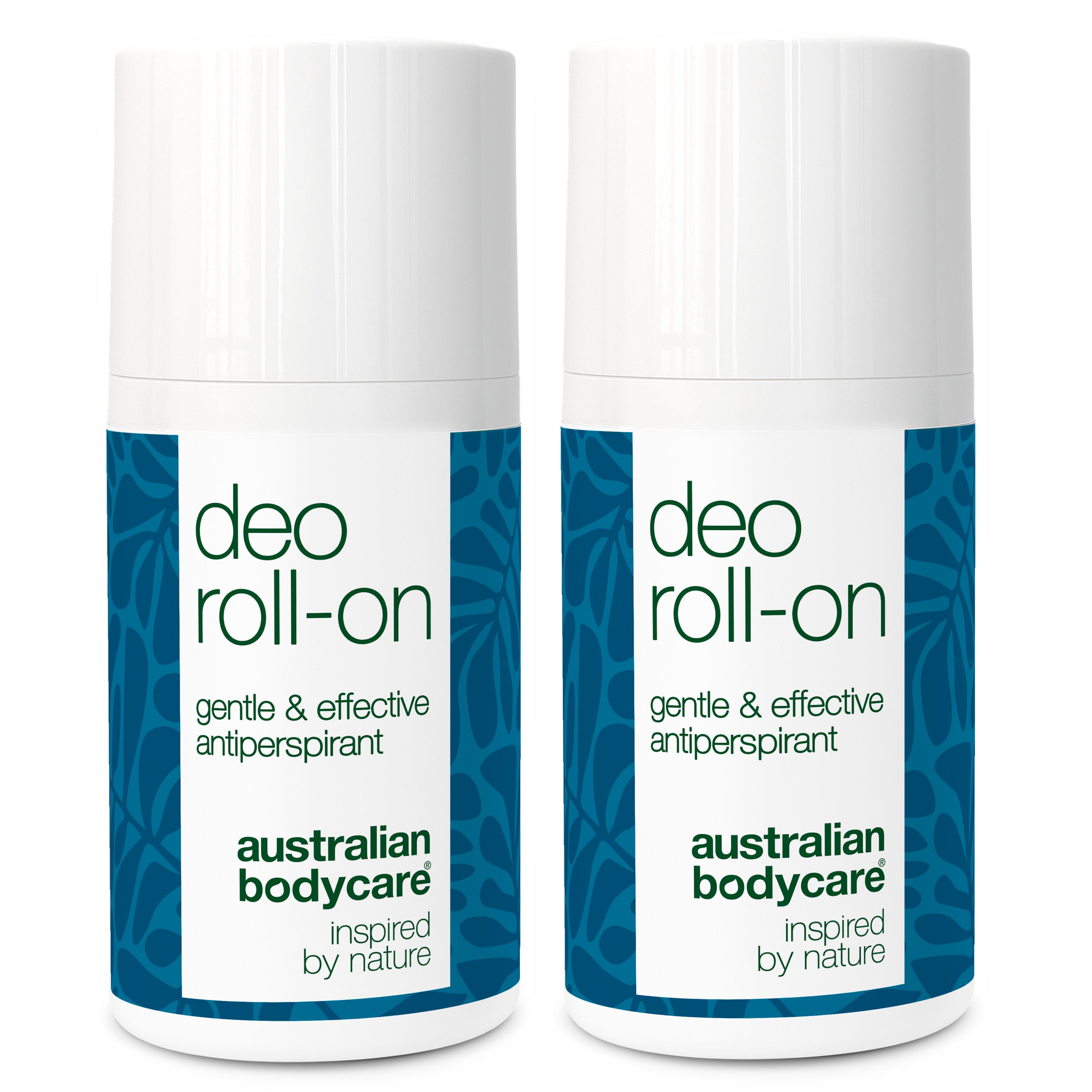 Deux roll-ons déodorants. Bouteille blanche, étiquette bleue. Texte: gentle & effective antiperspirant. Australian Bodycare.
