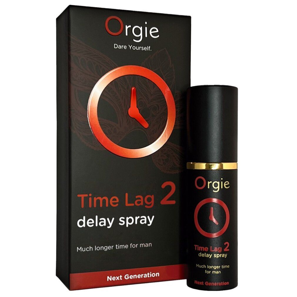 Flacon et emballage noirs. Inscription : Orgie, Time Lag 2 Delay Spray. Logo de cadran orange.