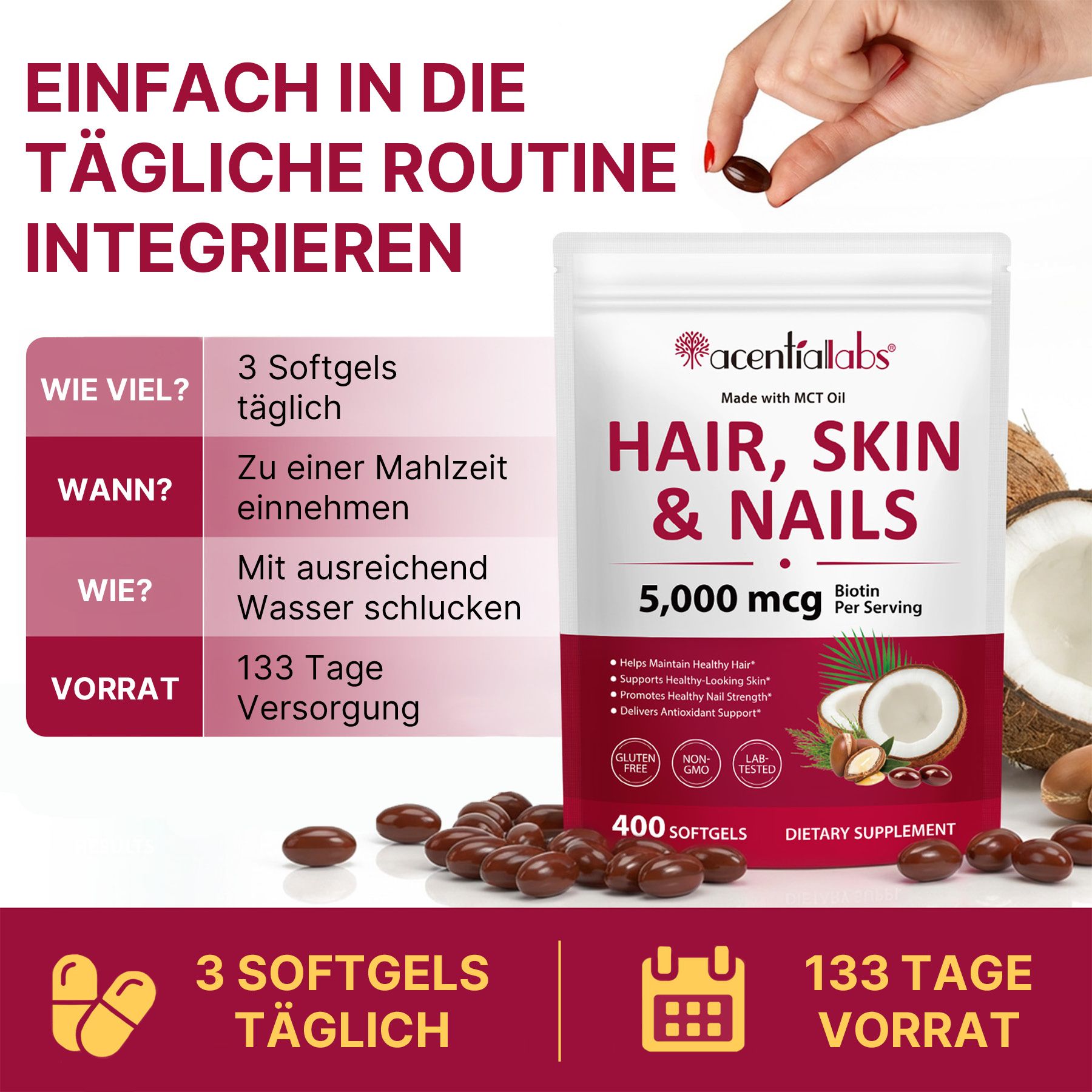 Emballage de complément alimentaire "Hair, Skin & Nails", 5 000 mcg de biotine par portion, 400 gélules molles.