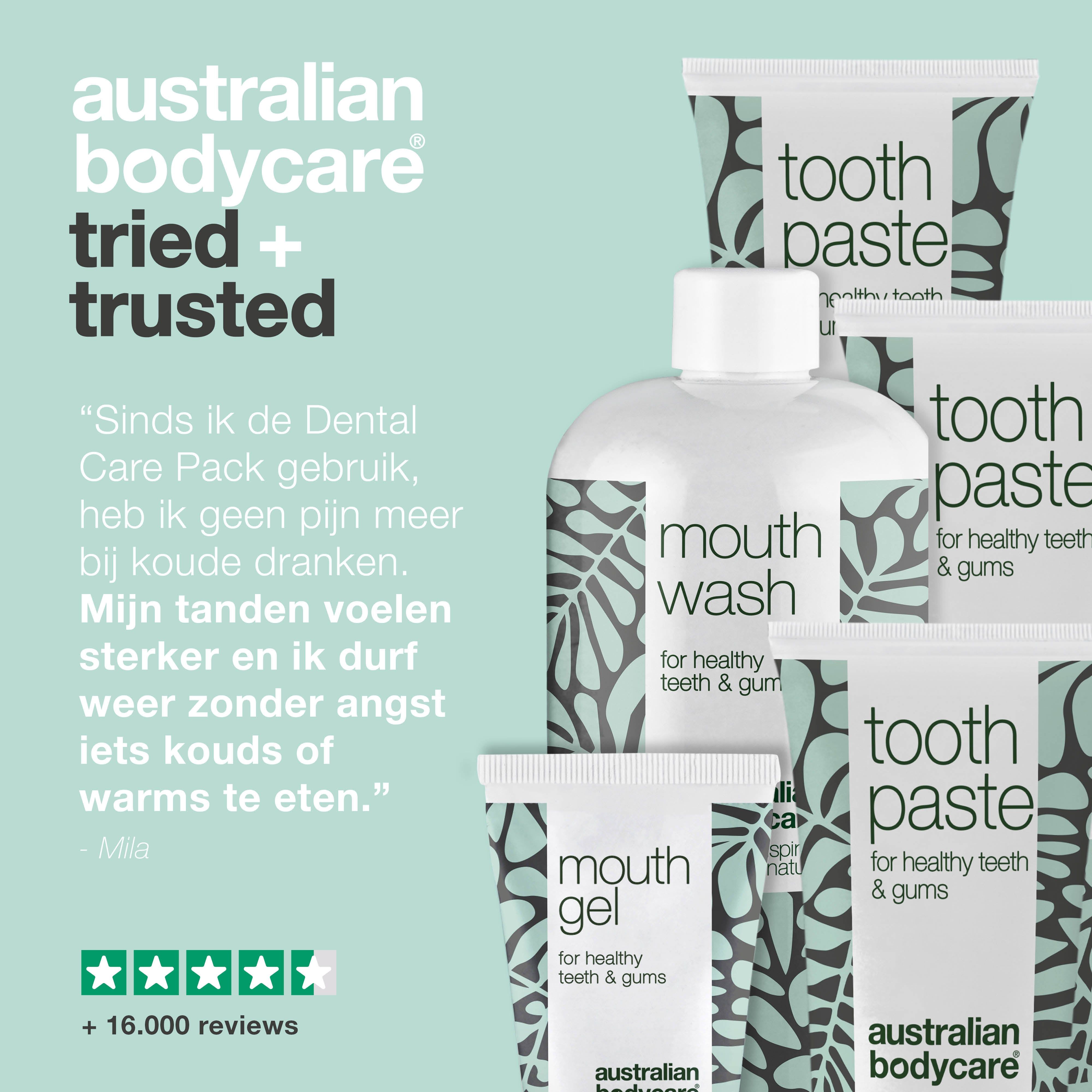 Tekst: Australian Bodycare. Collage met personen en producten. Producten: tandpasta, mondspoeling, etc.