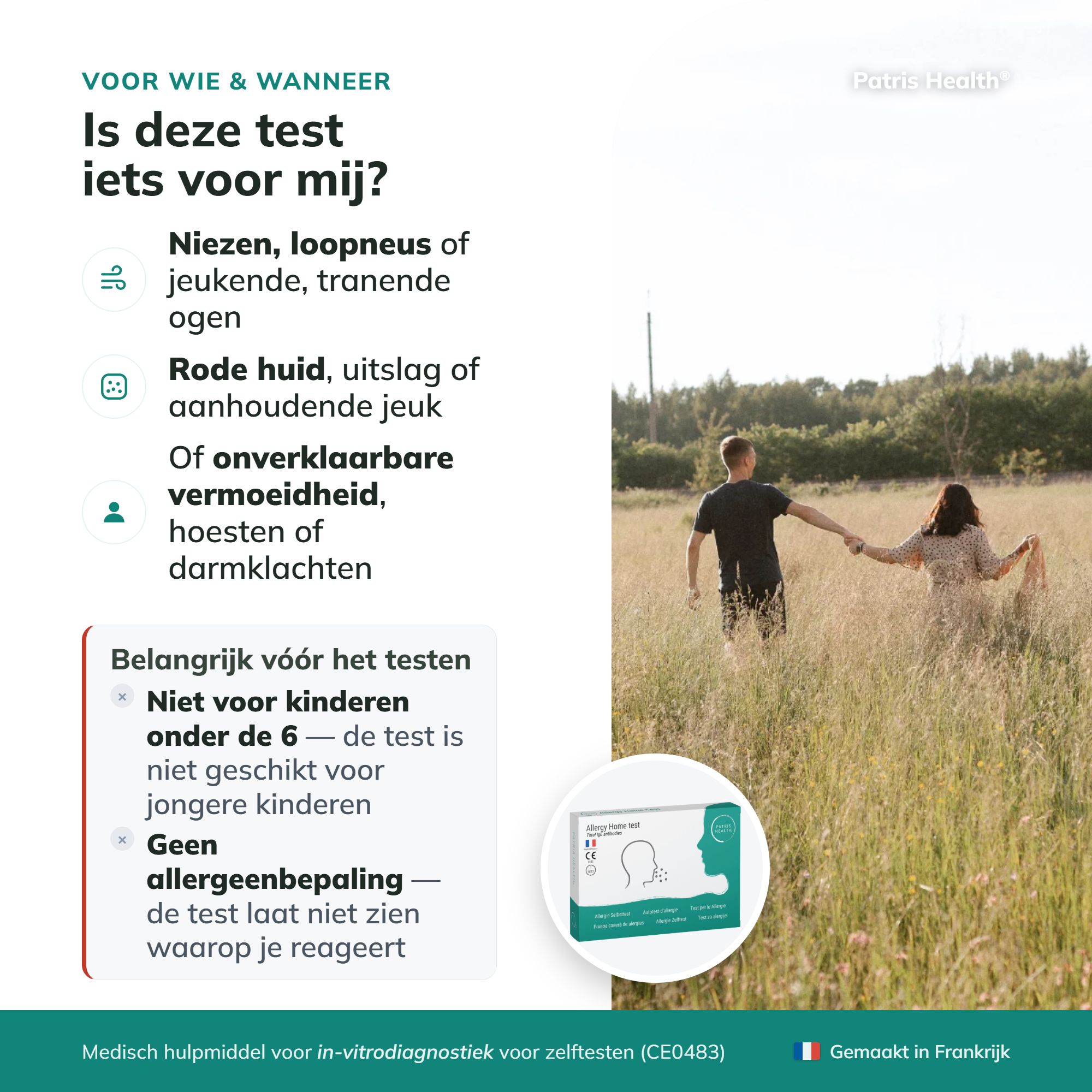 Inhoud van de allergietestkit: testapparaat, verdunner, pipetten, lancetten, alcoholdoekje, handleiding.