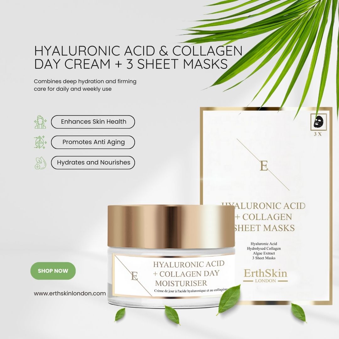 Pot de crème de jour avec couvercle doré et boîte de masques faciaux. Inscription : Acide hyaluronique + collagène. Marque : ErthSkin London. Décoration de feuilles vertes.