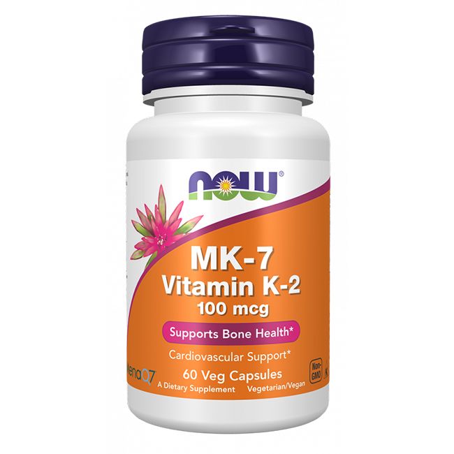 Flacon blanc, bouchon violet. Étiquette orange avec texte: MK-7 Vitamine K-2, 100 mcg, 60 Veg Capsules.