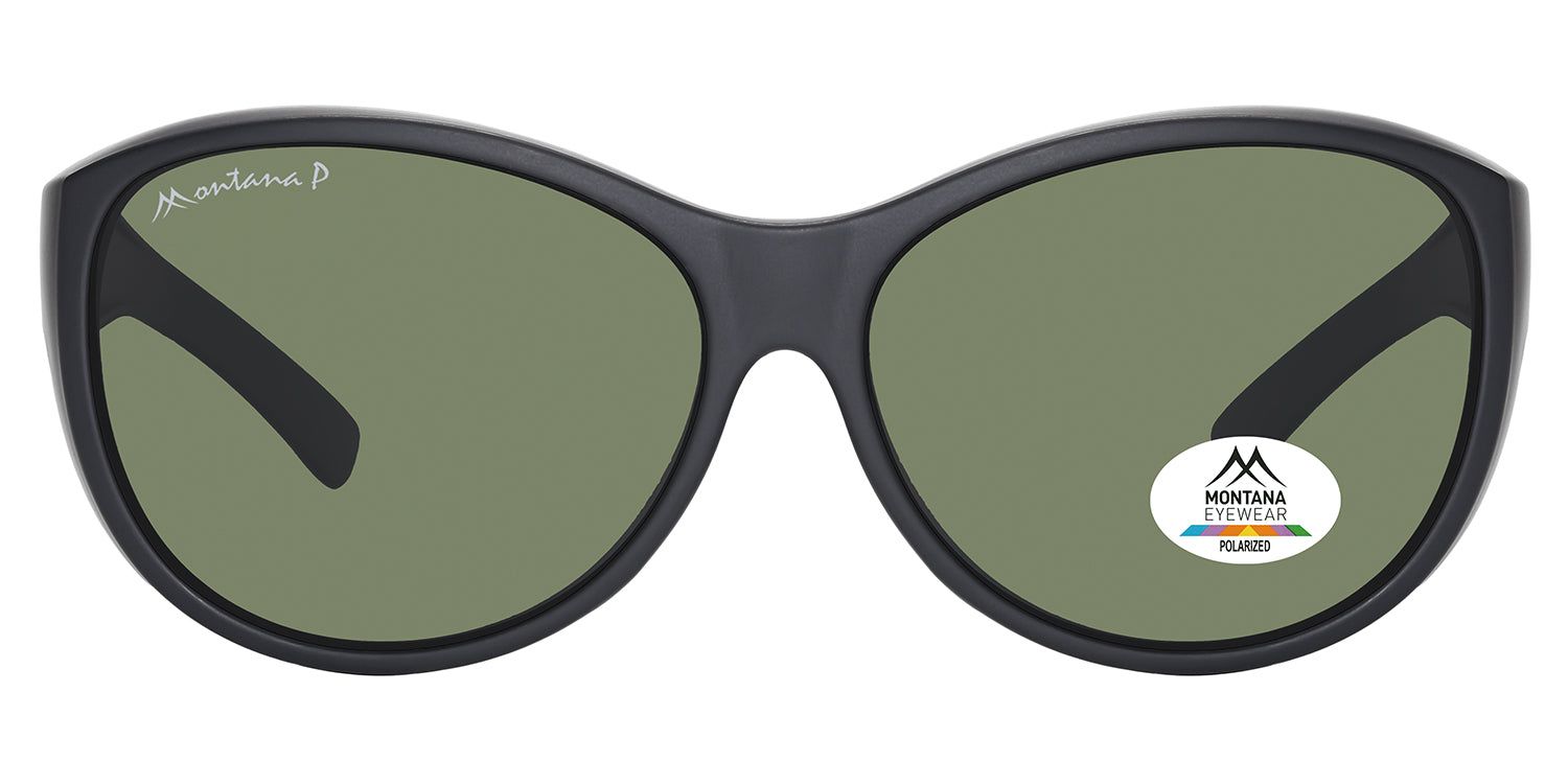 Zwarte zonnebril met groene glazen. Montana Eyewear logo op de poot en lens. Gepolariseerd.