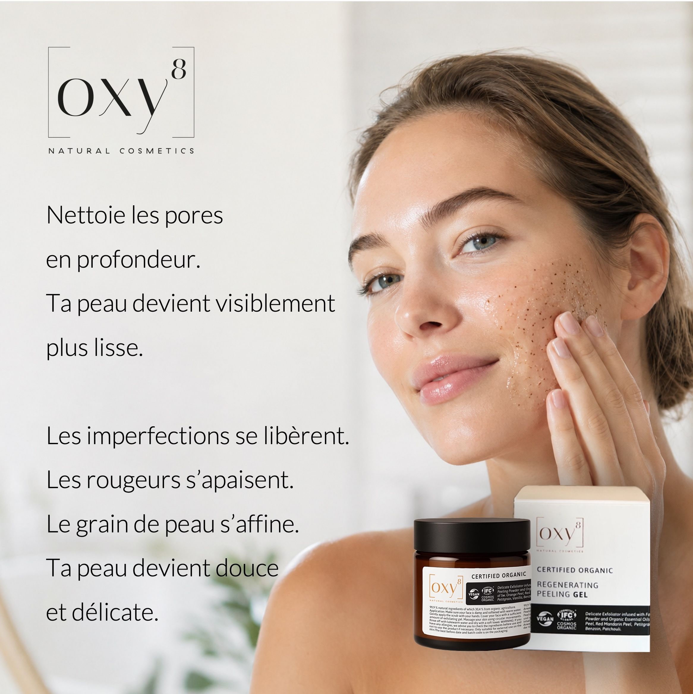 Femme touchant son visage. Produit et emballage à côté. Texte: Nettoie les pores en profondeur.