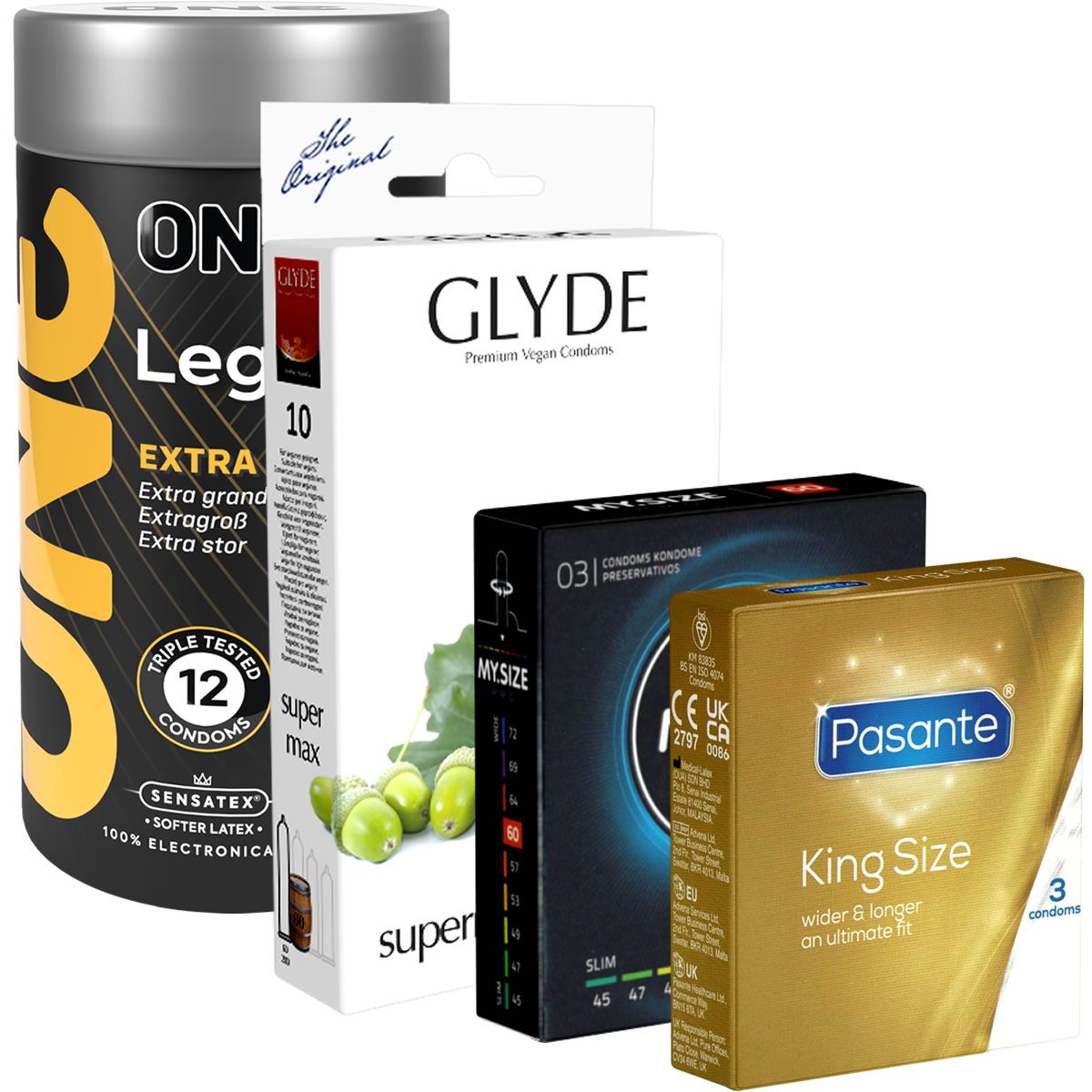 Diverse condoomsverpakkingen. Merken: ON, Glyde, MySize, Pasante. Maten: Extra, King Size. Verpakkingen met 3, 10 of 12 condooms.