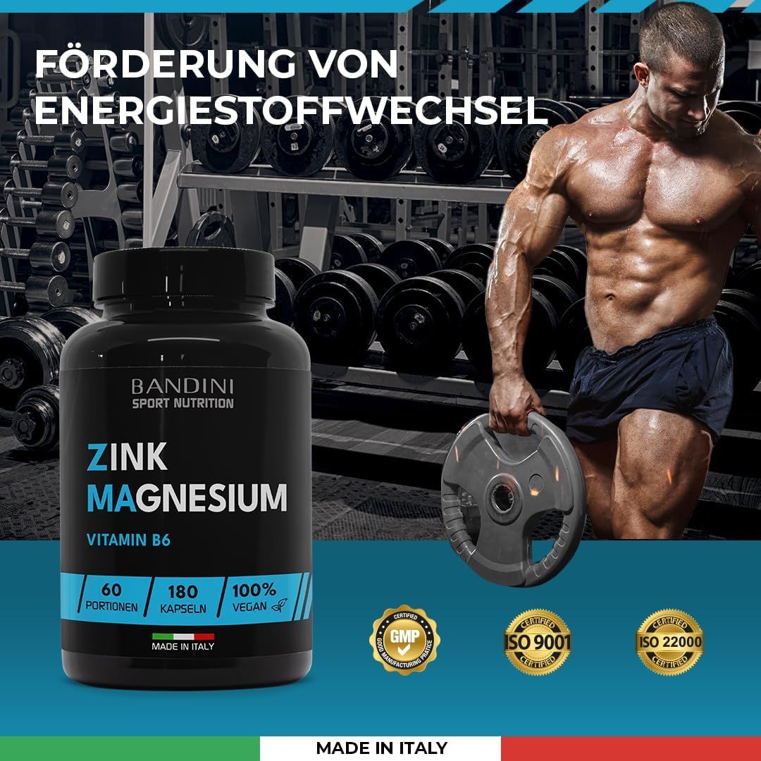 Zwarte fles met capsules. Opschrift: Zink Magnesium, Vitamine B6. 60 porties, 180 capsules, 100% vegan. GMP, ISO 9001, ISO 22000.