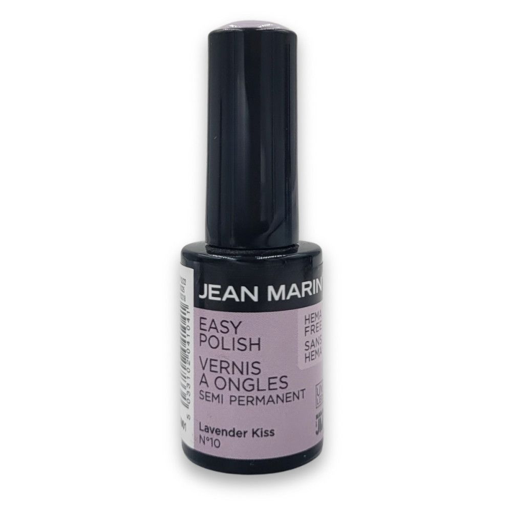Flacon de vernis à ongles Jean Marin. Bouchon noir, étiquette violette avec informations. "Lavender Kiss" et "Semi Permanent" visibles.