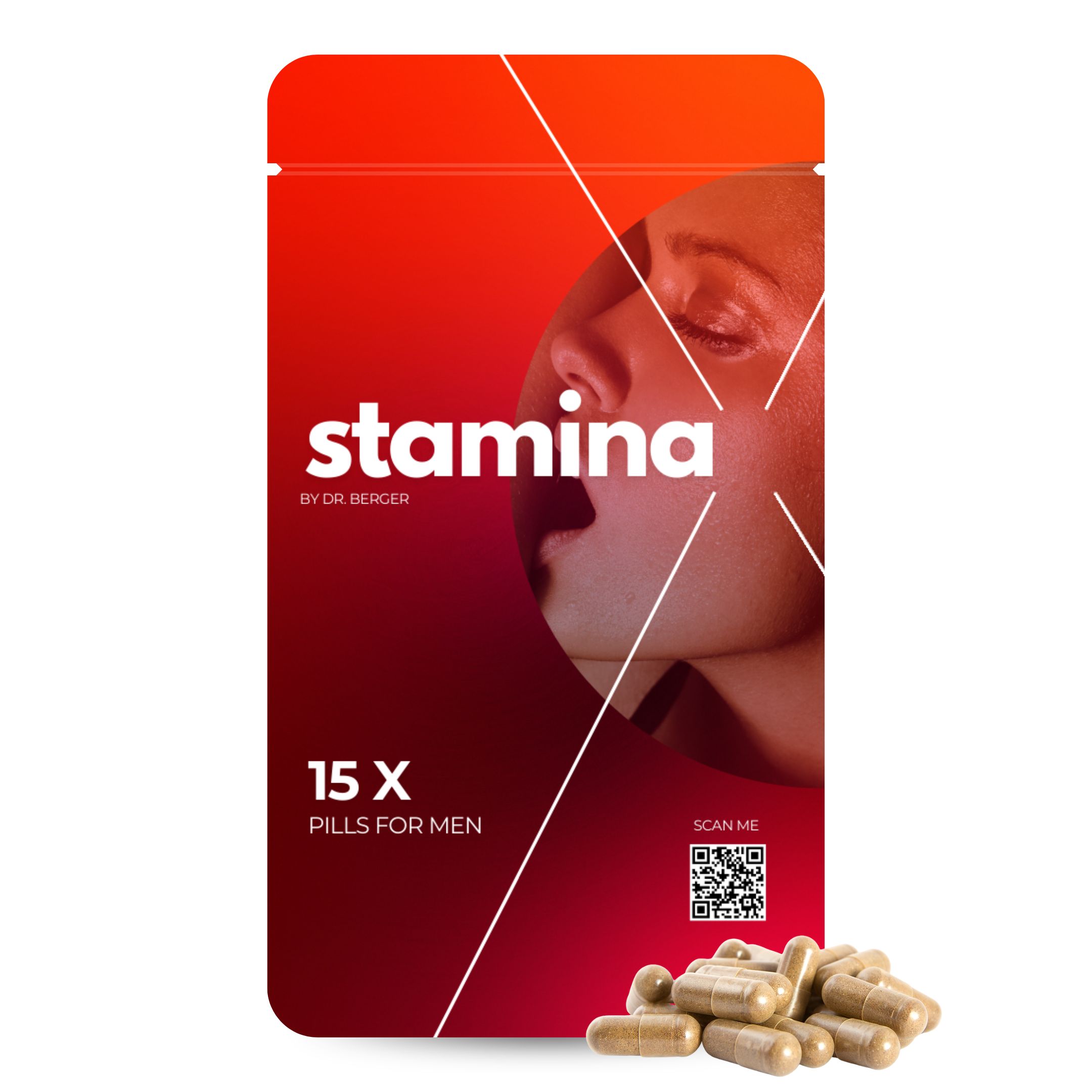 Sachet "stamina" et "15 X Pills for Men". Gélules brunes à côté.