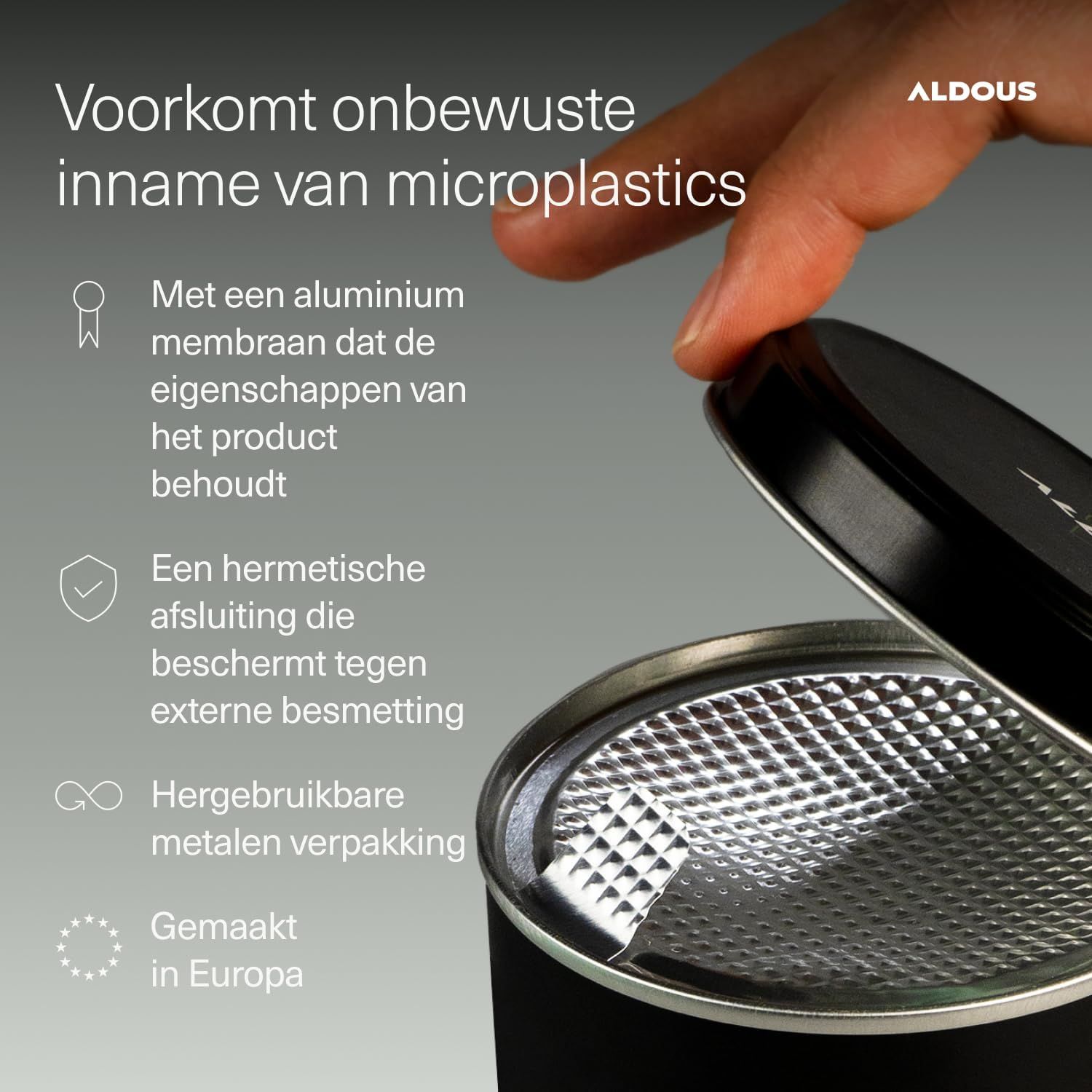 Zwarte metalen verpakking met aluminium membraan en hermetische sluiting. Gemaakt in Europa.