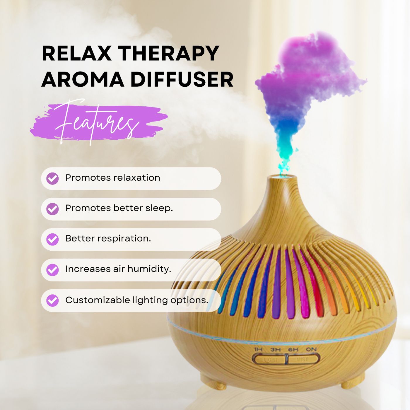 Houtnerf aroma-diffuser met gekleurde verlichting. Tekst: Relax Therapy Aroma Diffuser, Kenmerken: ontspanning, slaap, ademhaling.