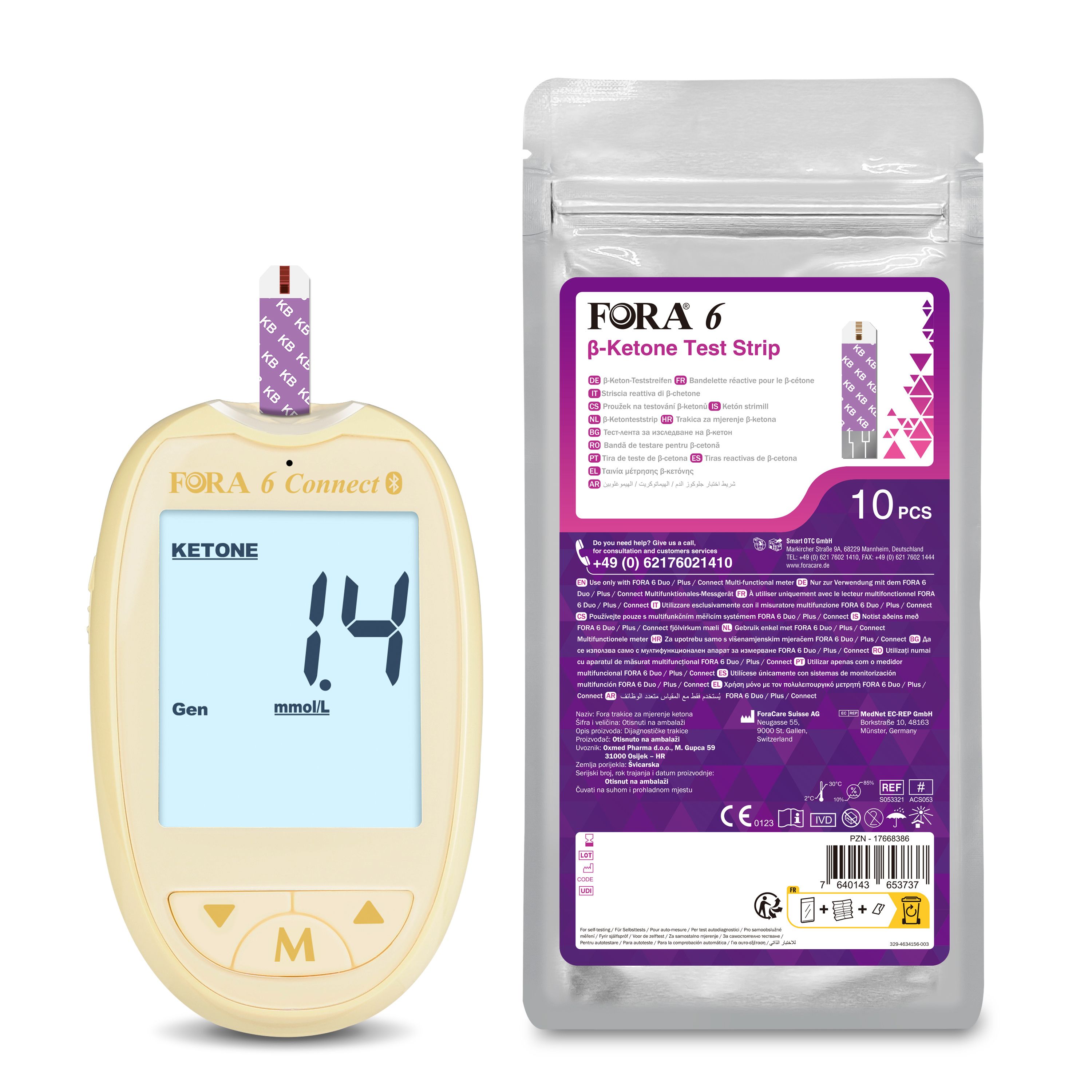 Geel FORA 6 meetapparaat met display, toont 1.4 mmol/L. Daarnaast verpakking met teststrips.