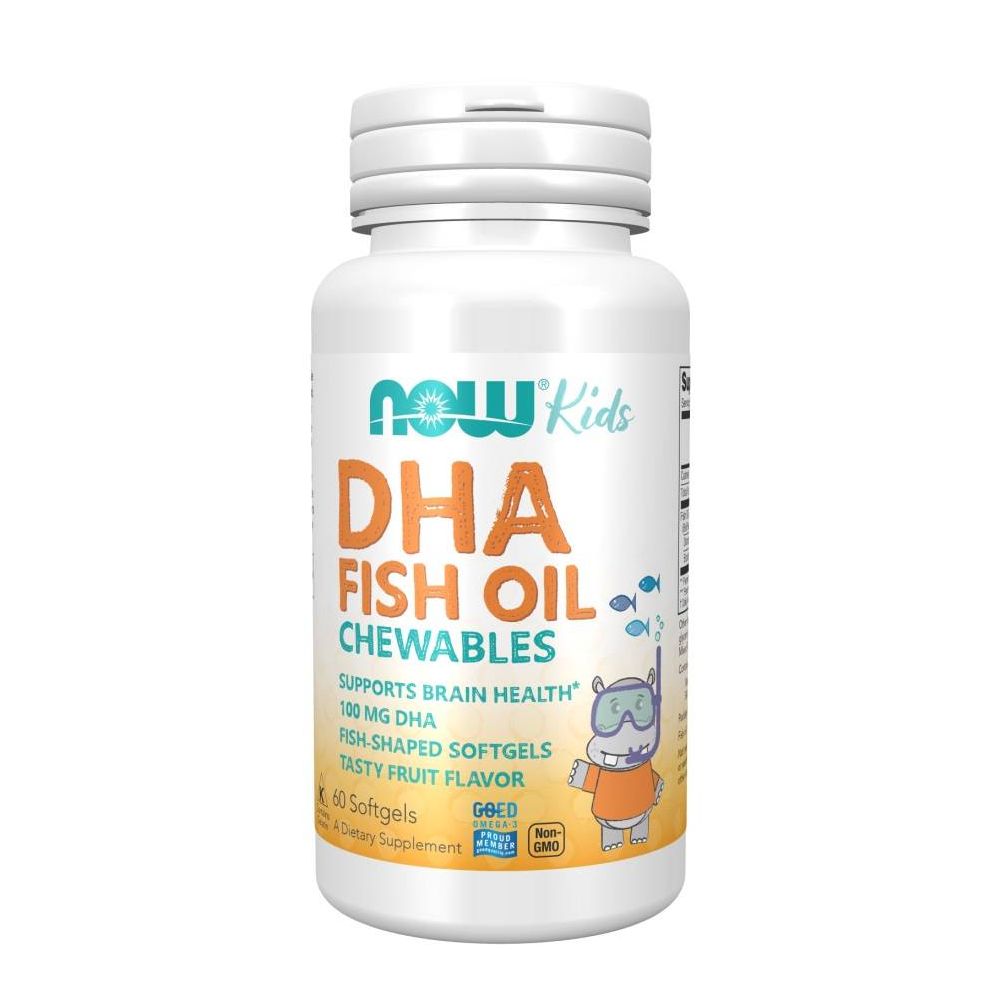 Flacon blanc de compléments alimentaires DHA Fish Oil Chewables. Inscription: Soutient la santé du cerveau. Contient 60 gélules.